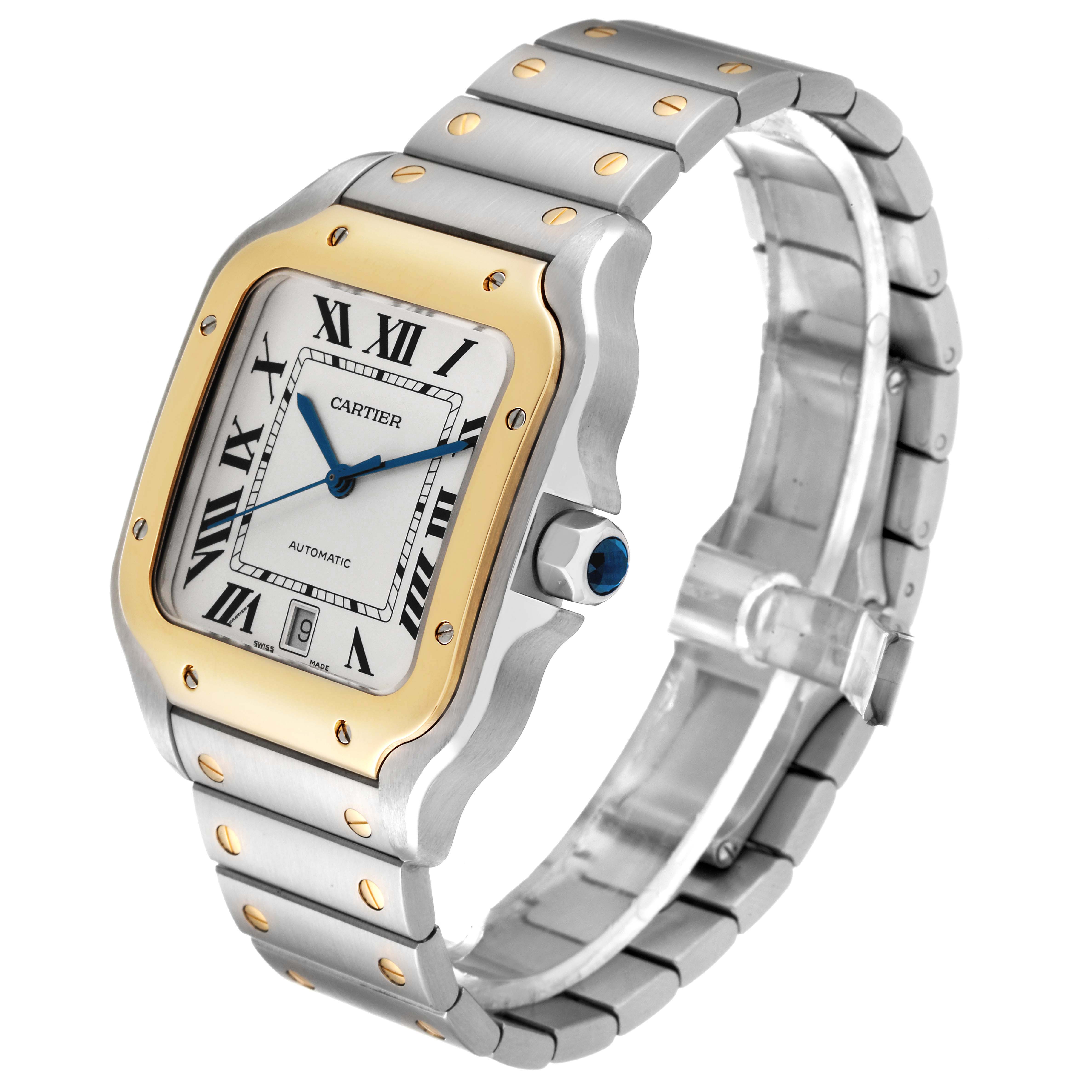 The image shows a Cartier Santos W2SA0009 Men
s Steel and Gold (two tone) Silver Dial W2SA0009 Men
s Steel and Gold (two tone) Silver Dial watch at a slight side angle, highlighting the face, bezel, and bracelet.