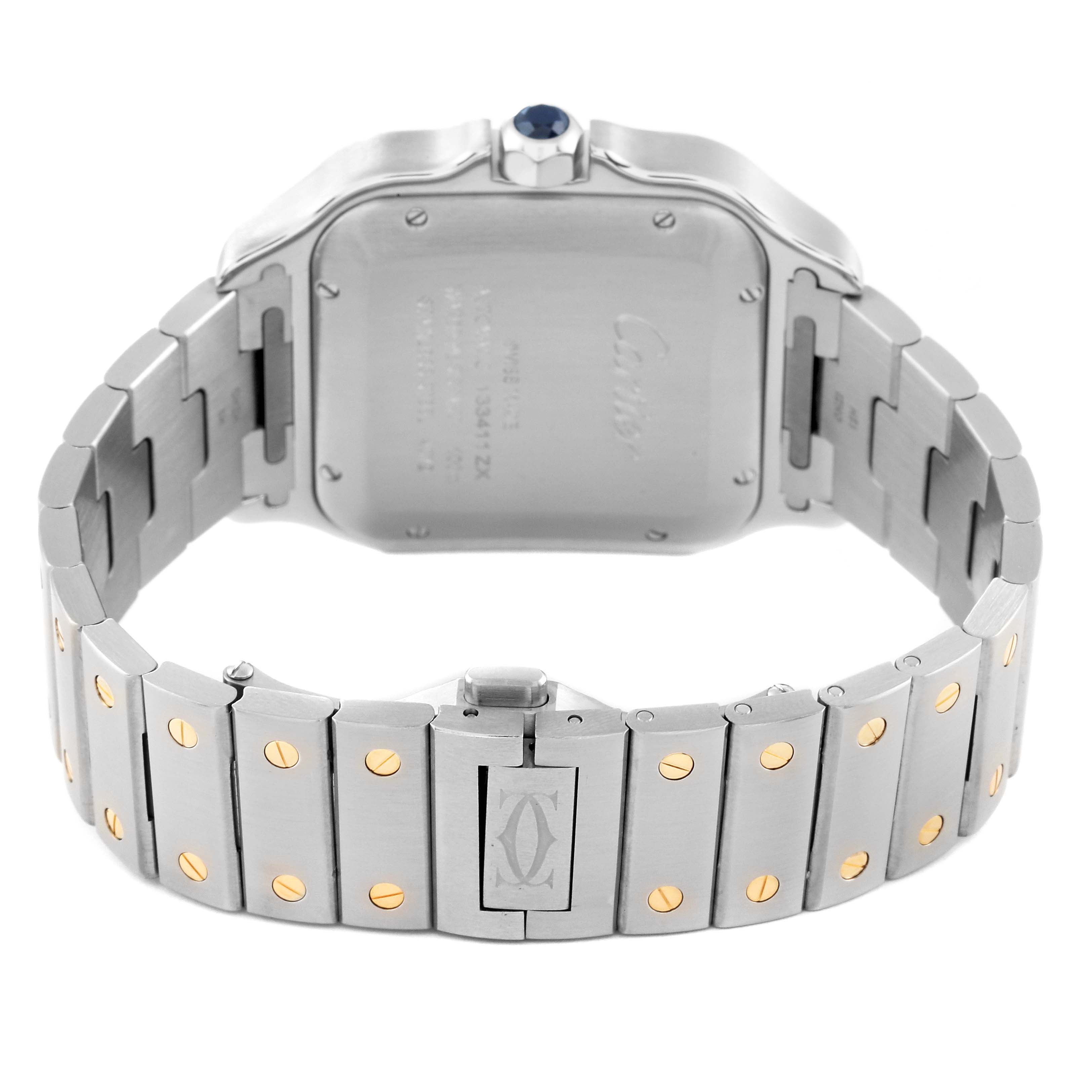 This image shows the back and band of a Cartier Santos W2SA0009 Men
s Steel and Gold (two tone) Silver Dial W2SA0009 Men
s Steel and Gold (two tone) Silver Dial watch, highlighting the clasp and screw details.