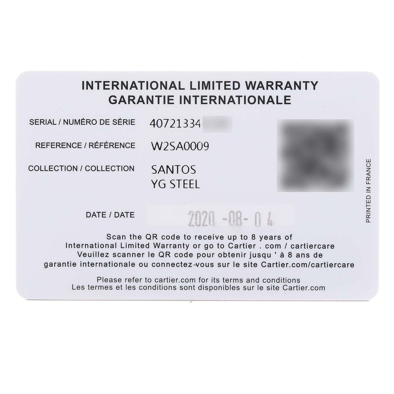 The image shows an International Limited Warranty card for a Santos YG Steel model by Cartier.