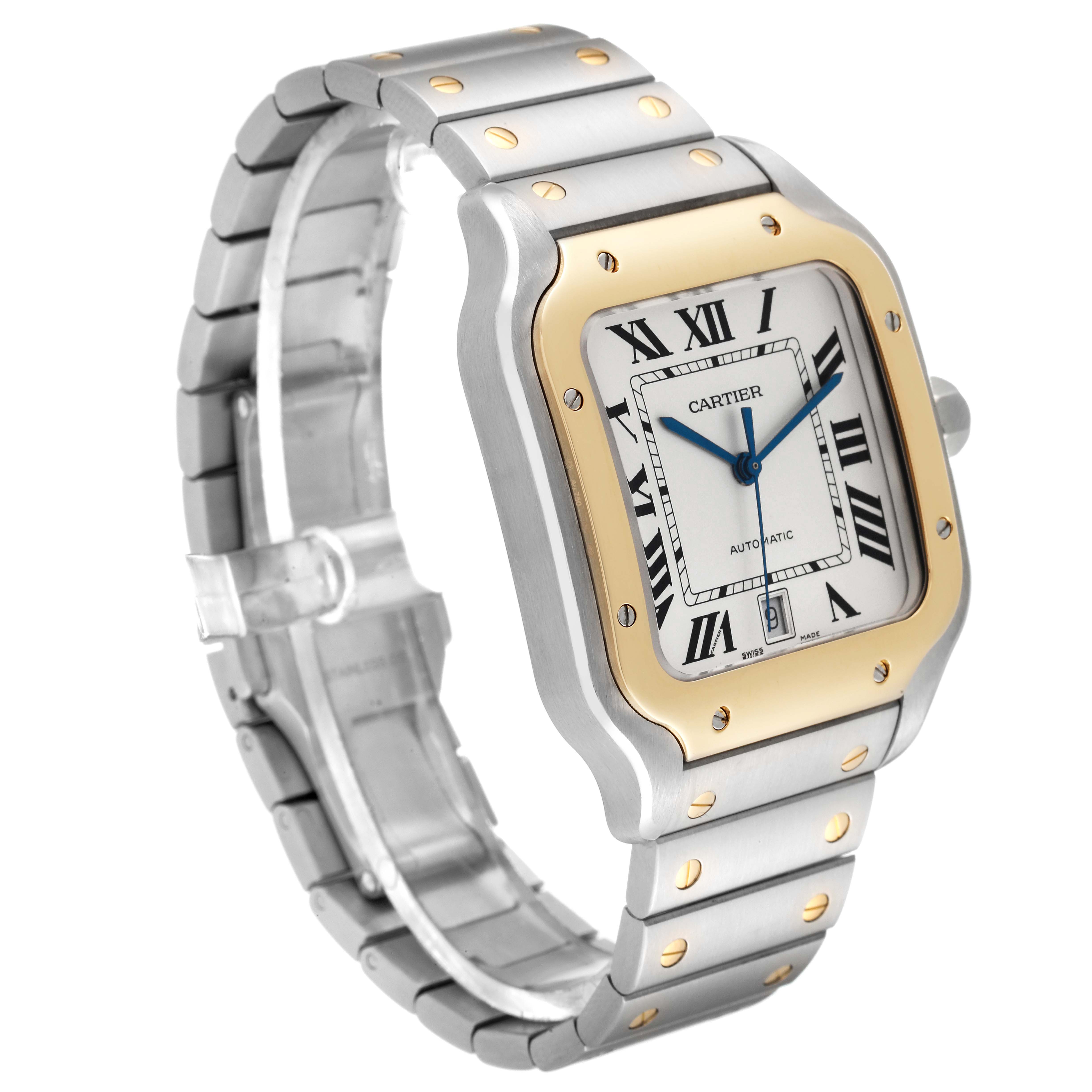 The image shows a Cartier Santos W2SA0009 Men
s Steel and Gold (two tone) Silver Dial W2SA0009 Men
s Steel and Gold (two tone) Silver Dial watch at an angled view, highlighting its face, casing, bezel, and bracelet.
