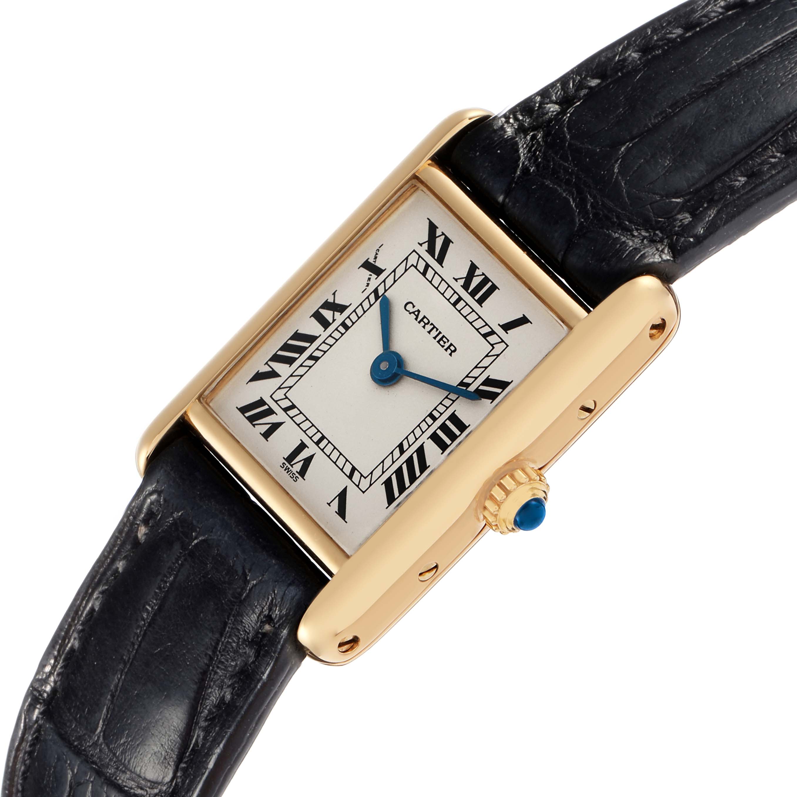 The Cartier Tank Classic 1150 Women
s Yellow Gold Silver Dial 1150 Women
s Yellow Gold Silver Dial watch is shown from a top angle, highlighting its rectangular face, Roman numerals, and leather strap.