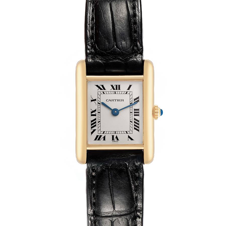 The Cartier Tank Classic watch is shown from a straight-on angle featuring its rectangular face and black leather strap.
