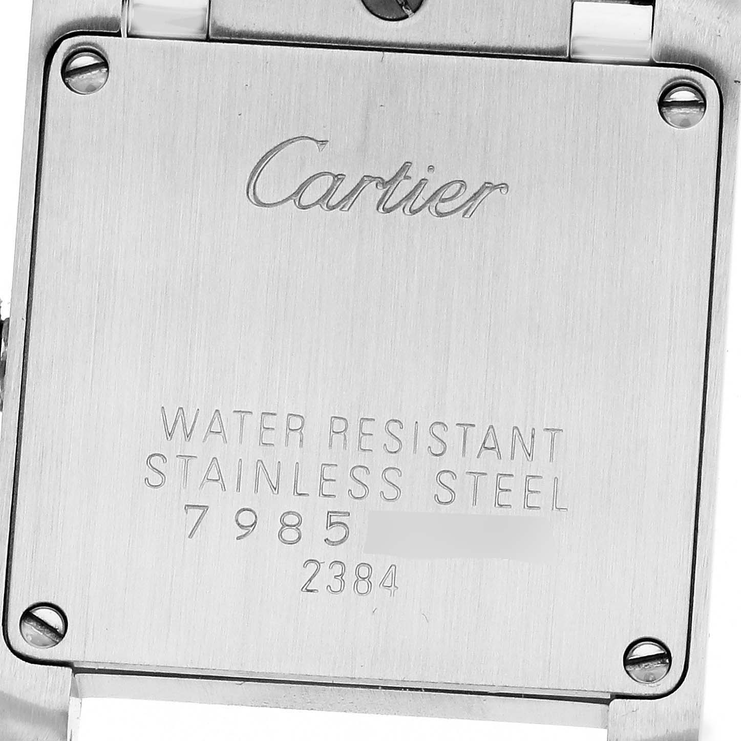 The image shows the back case of a Cartier Tank Francaise W51027Q4 Women's Steel and Gold (two tone) Mother of Pearl Dial W51027Q4 Women's Steel and Gold (two tone) Mother of Pearl Dial watch, highlighting its stainless steel material and water resistance.