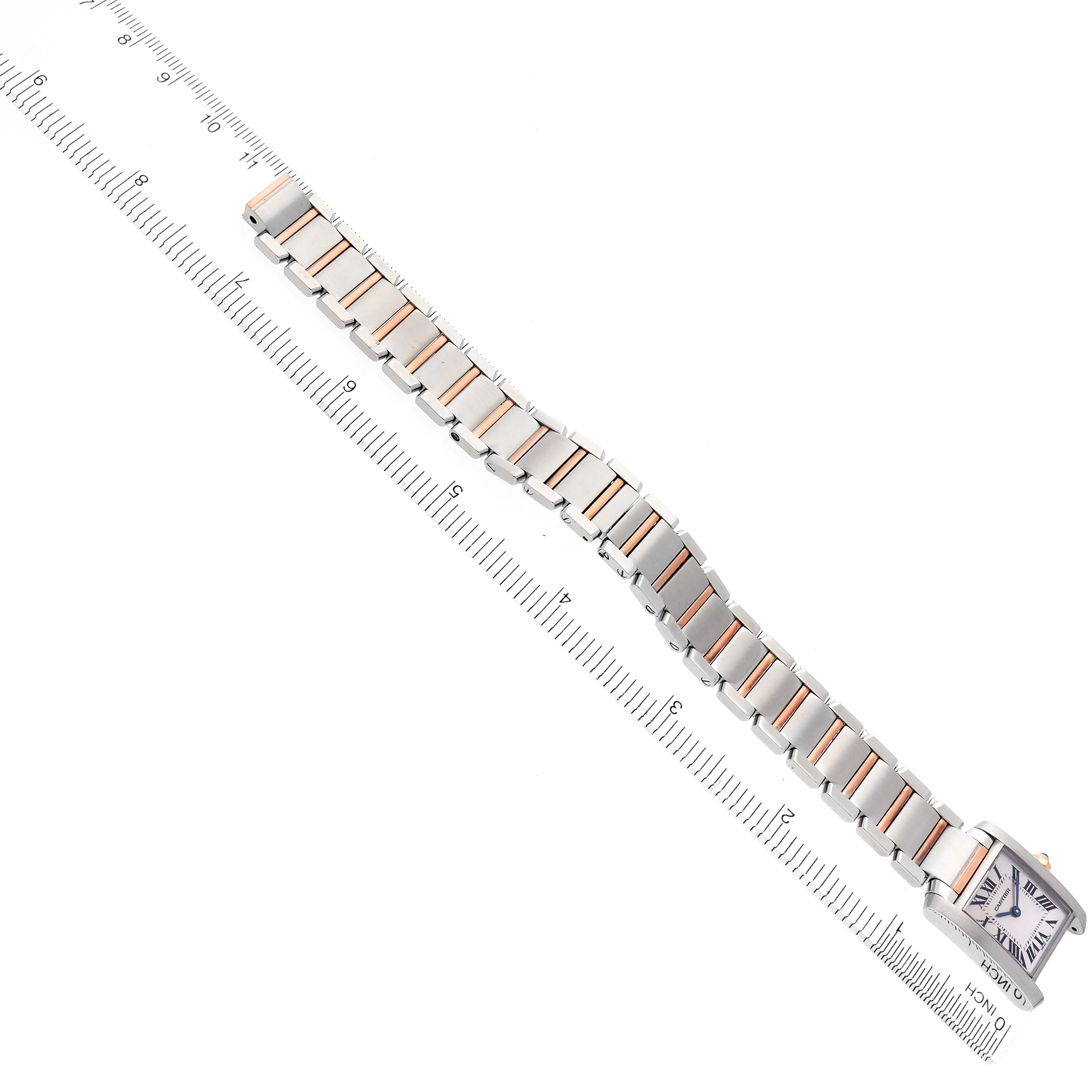The Cartier Tank Francaise W51027Q4 Women's Steel and Gold (two tone) Mother of Pearl Dial W51027Q4 Women's Steel and Gold (two tone) Mother of Pearl Dial watch is shown diagonally with a focus on its two-tone bracelet and square face.
