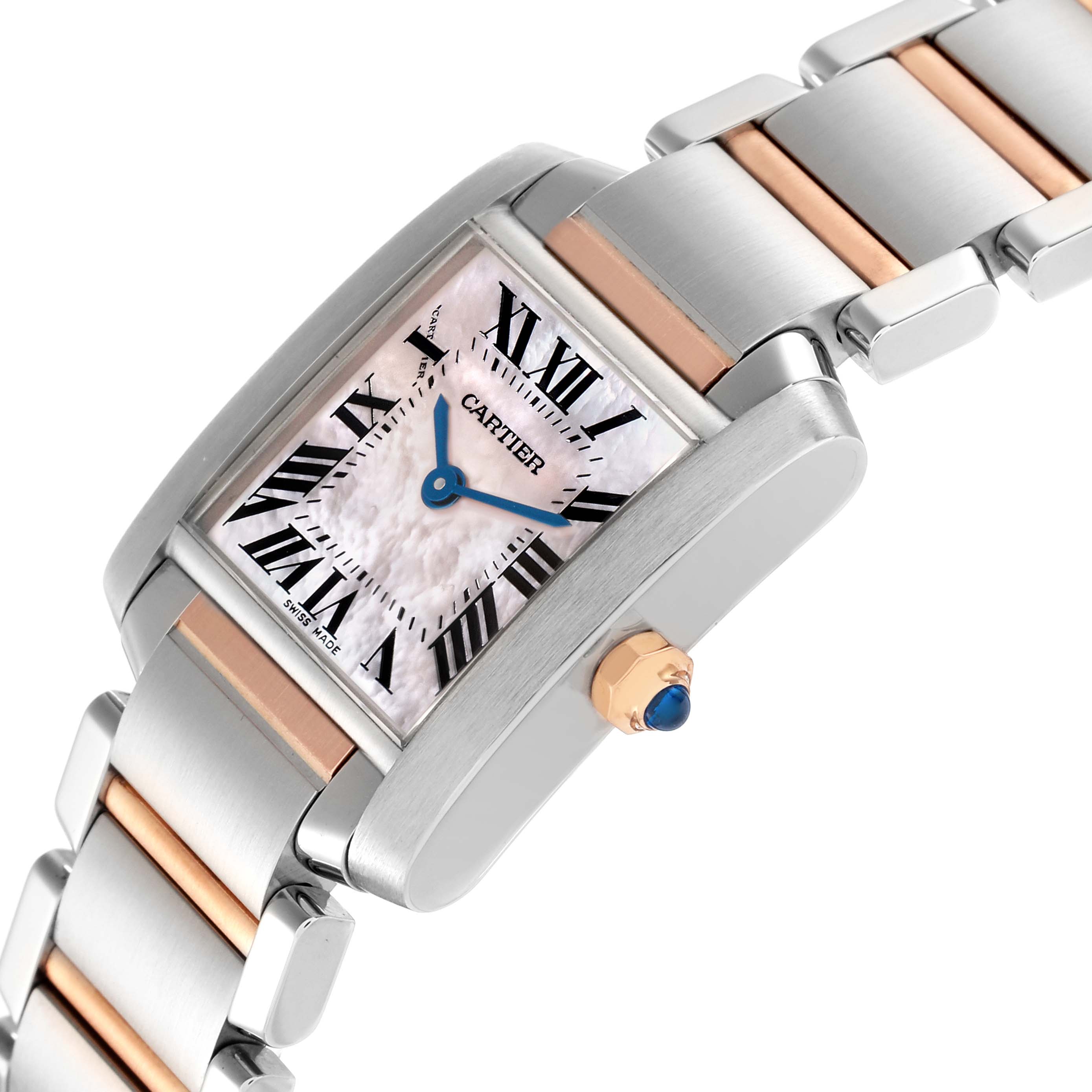 The Cartier Tank Francaise W51027Q4 Women's Steel and Gold (two tone) Mother of Pearl Dial W51027Q4 Women's Steel and Gold (two tone) Mother of Pearl Dial watch is shown at a side angle, highlighting its rectangular face, Roman numerals, and two-tone band.