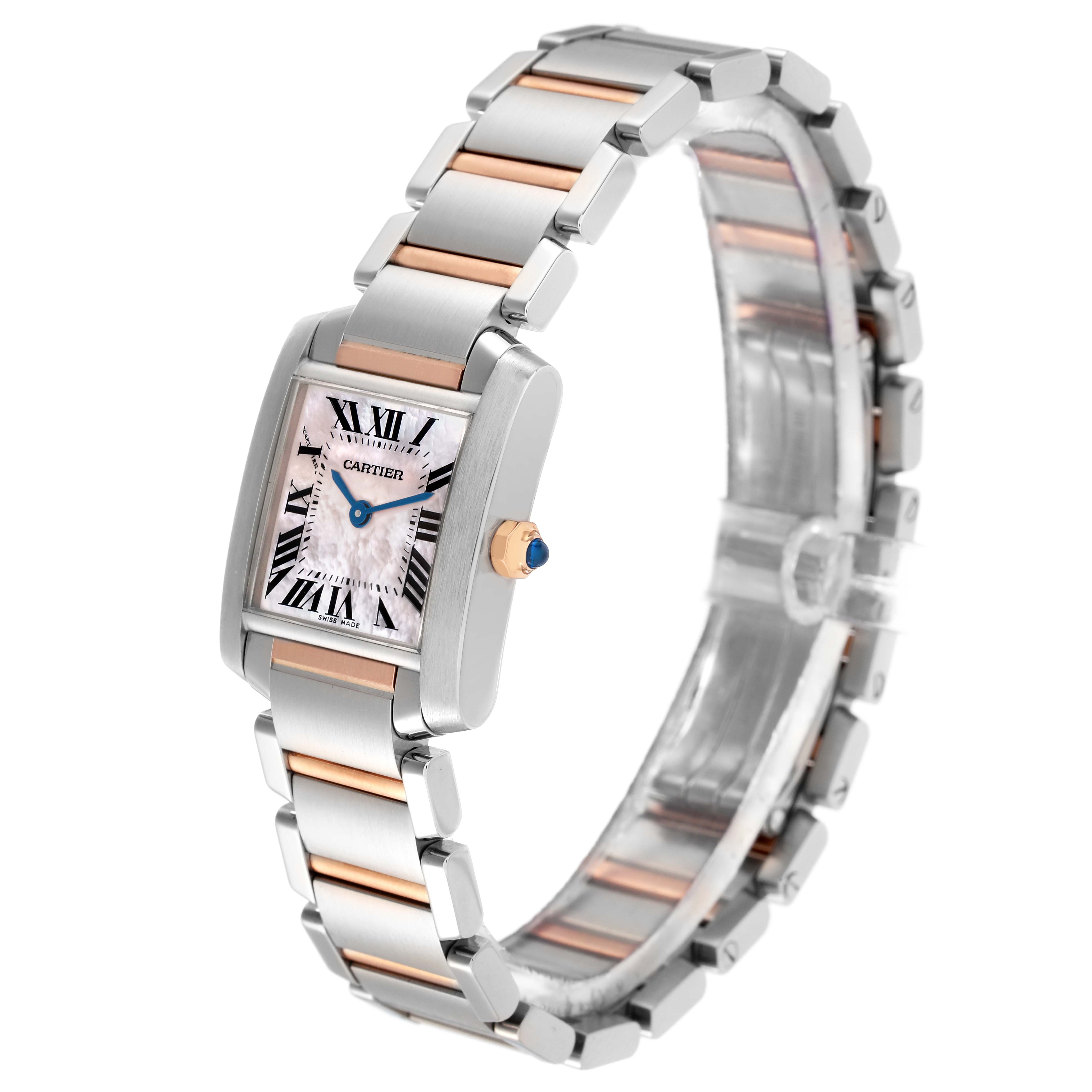 The Cartier Tank Francaise W51027Q4 Women's Steel and Gold (two tone) Mother of Pearl Dial W51027Q4 Women's Steel and Gold (two tone) Mother of Pearl Dial watch is shown at an oblique angle highlighting the face, crown, and bracelet.