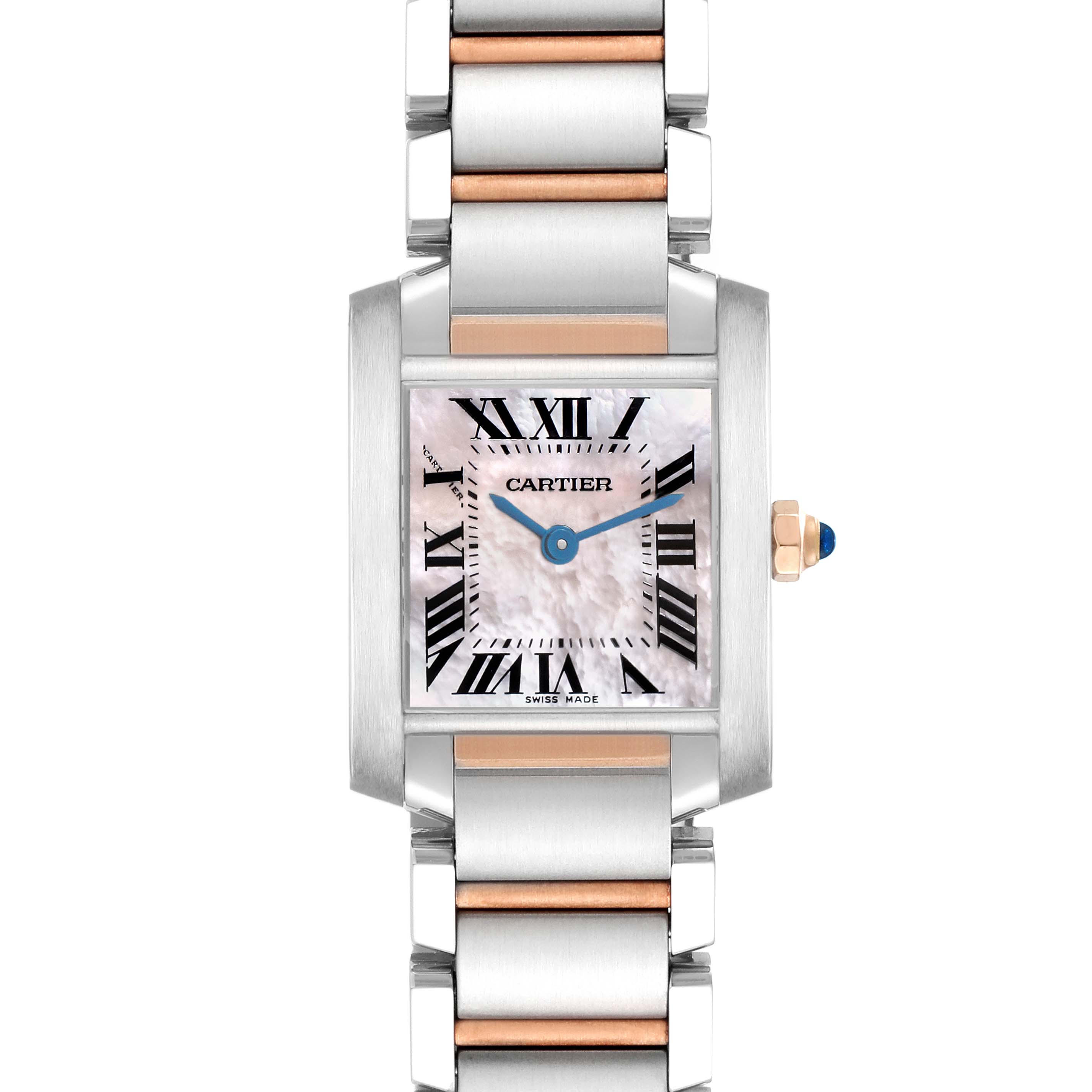 The Cartier Tank Française watch is shown from a front angle, displaying its dial, hands, case, crown, and bracelet.