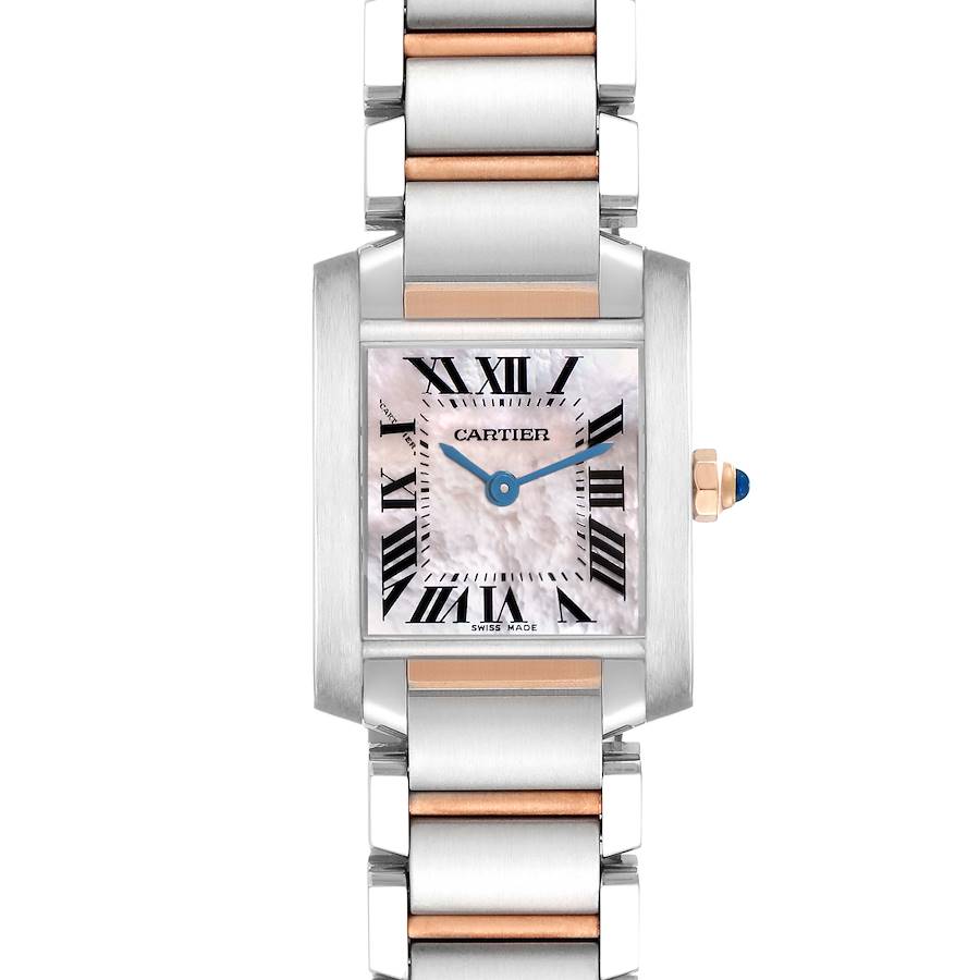 The Cartier Tank Française watch is shown from a front angle, displaying its dial, hands, case, crown, and bracelet.