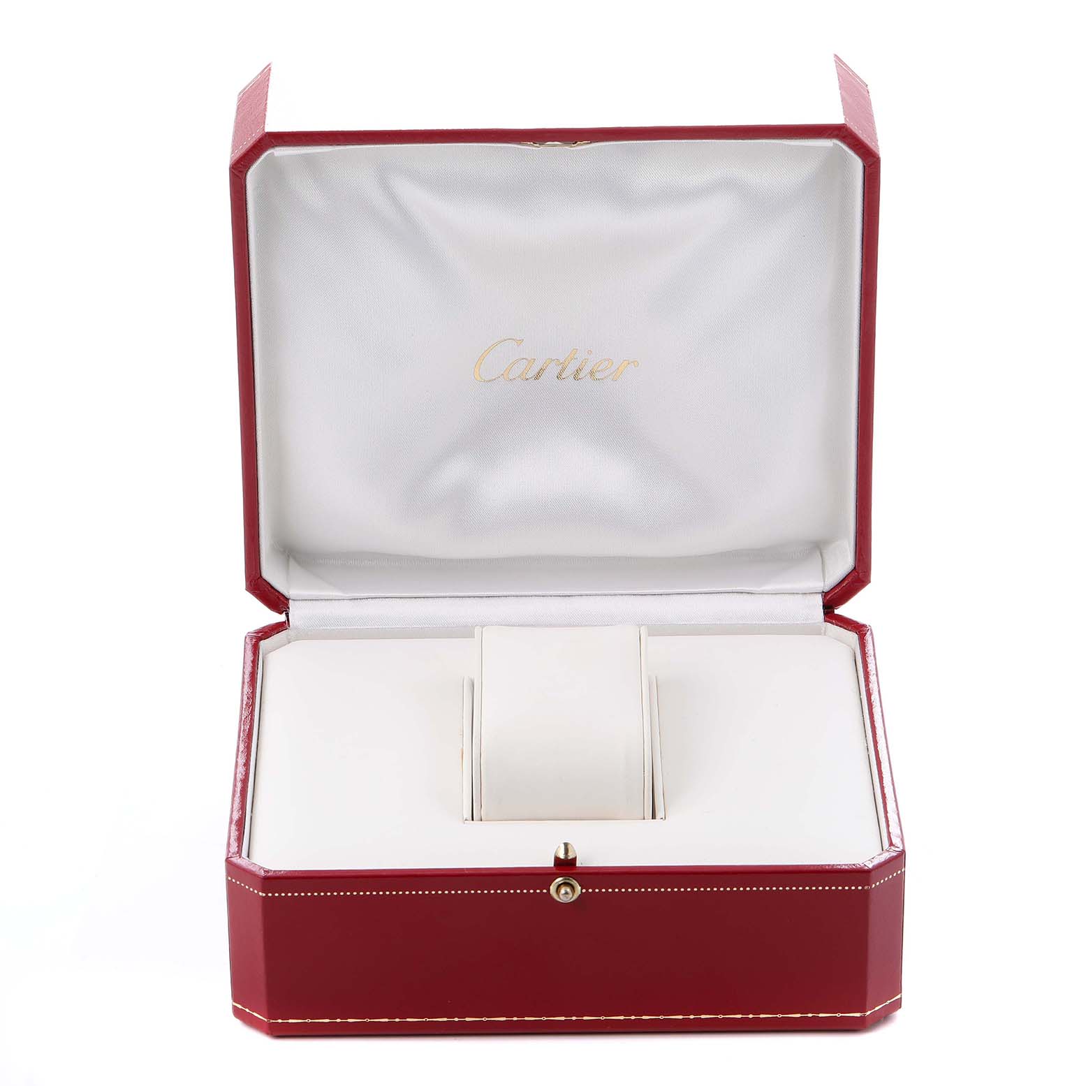 The image shows an open Cartier box for the Tank Française model, displaying the interior without the watch.