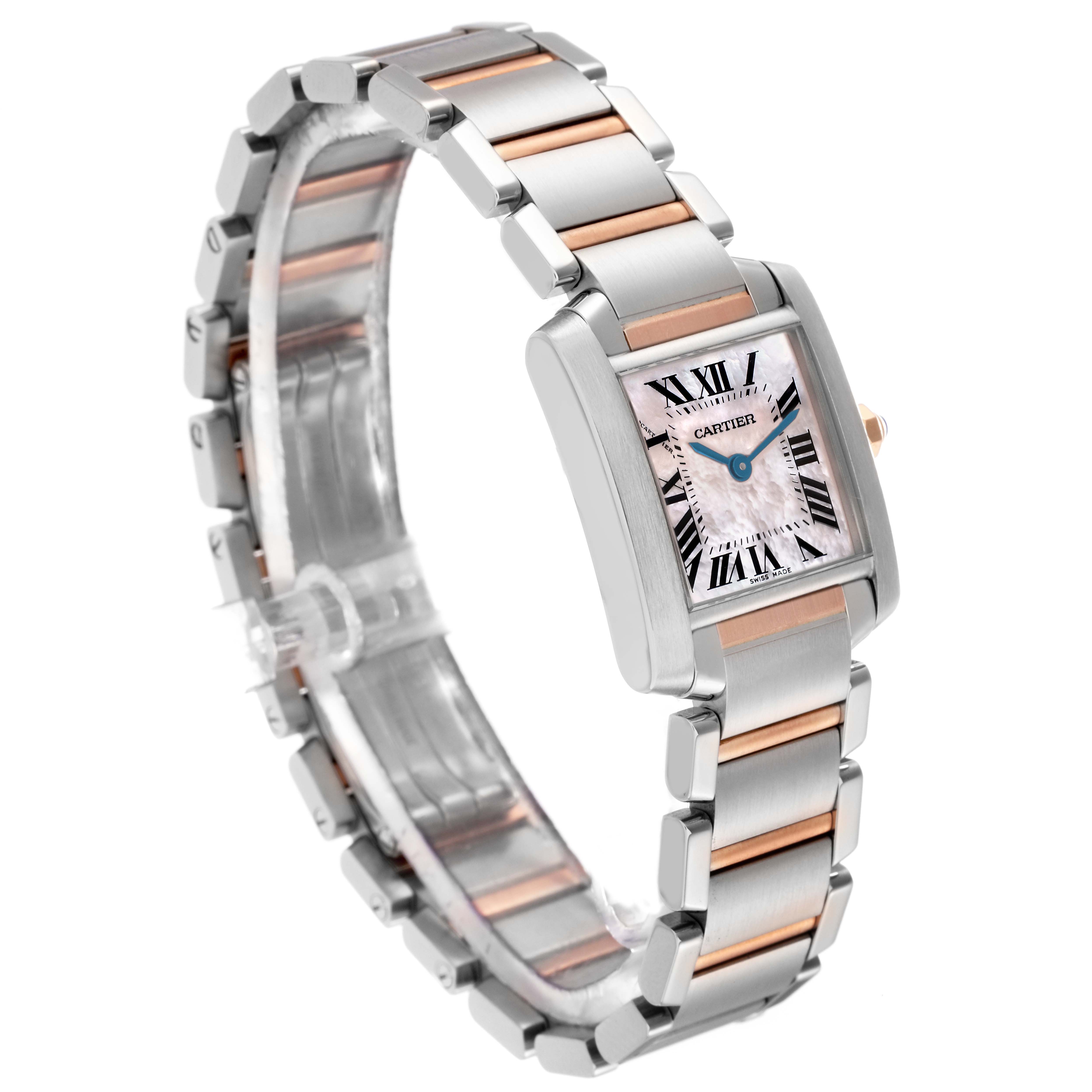 The Cartier Tank Francaise W51027Q4 Women's Steel and Gold (two tone) Mother of Pearl Dial W51027Q4 Women's Steel and Gold (two tone) Mother of Pearl Dial watch is shown at an angled view displaying its face, bracelet, and clasp.