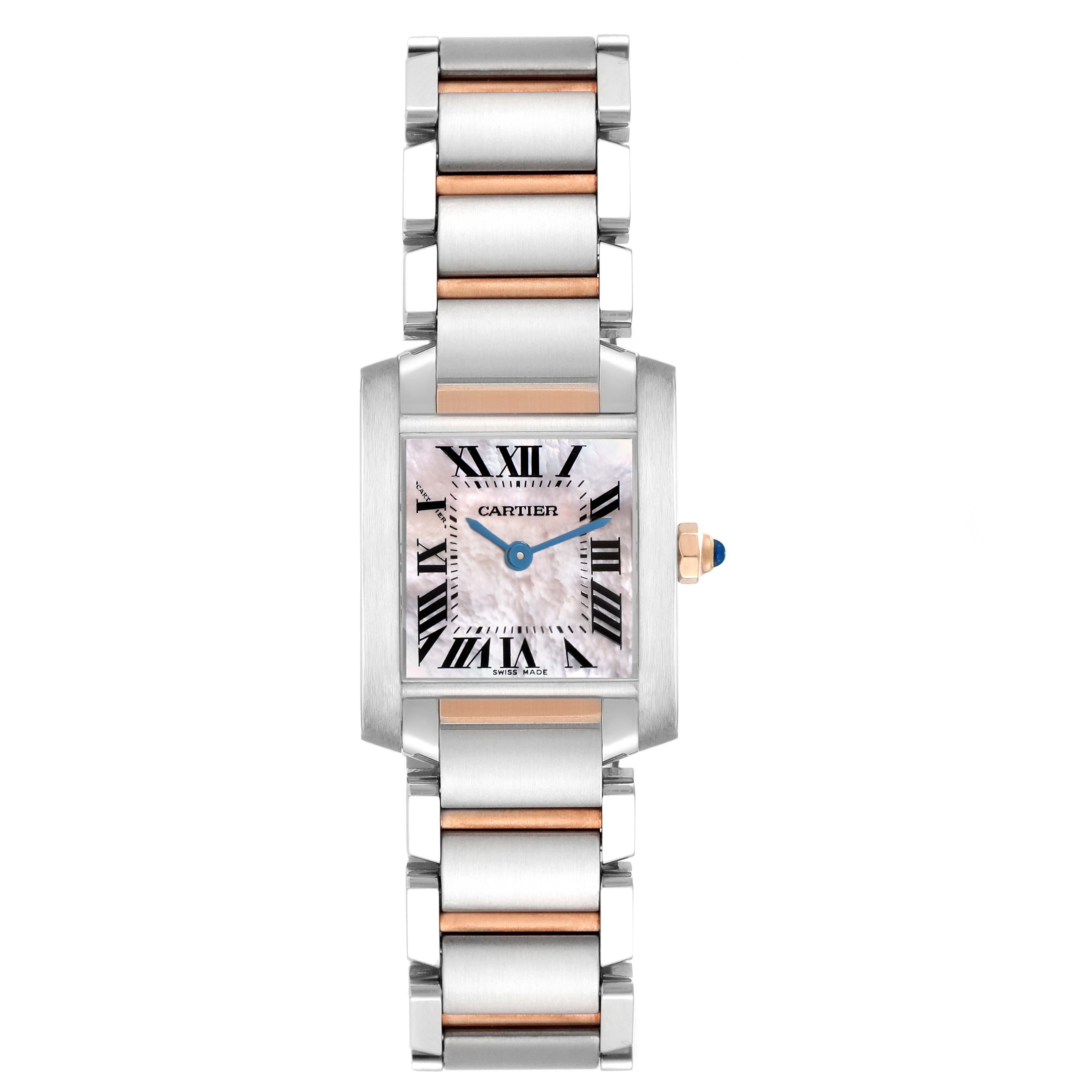 The Cartier Tank Francaise W51027Q4 Women's Steel and Gold (two tone) Mother of Pearl Dial W51027Q4 Women's Steel and Gold (two tone) Mother of Pearl Dial watch is shown from a front view, displaying its case, dial, and bracelet.