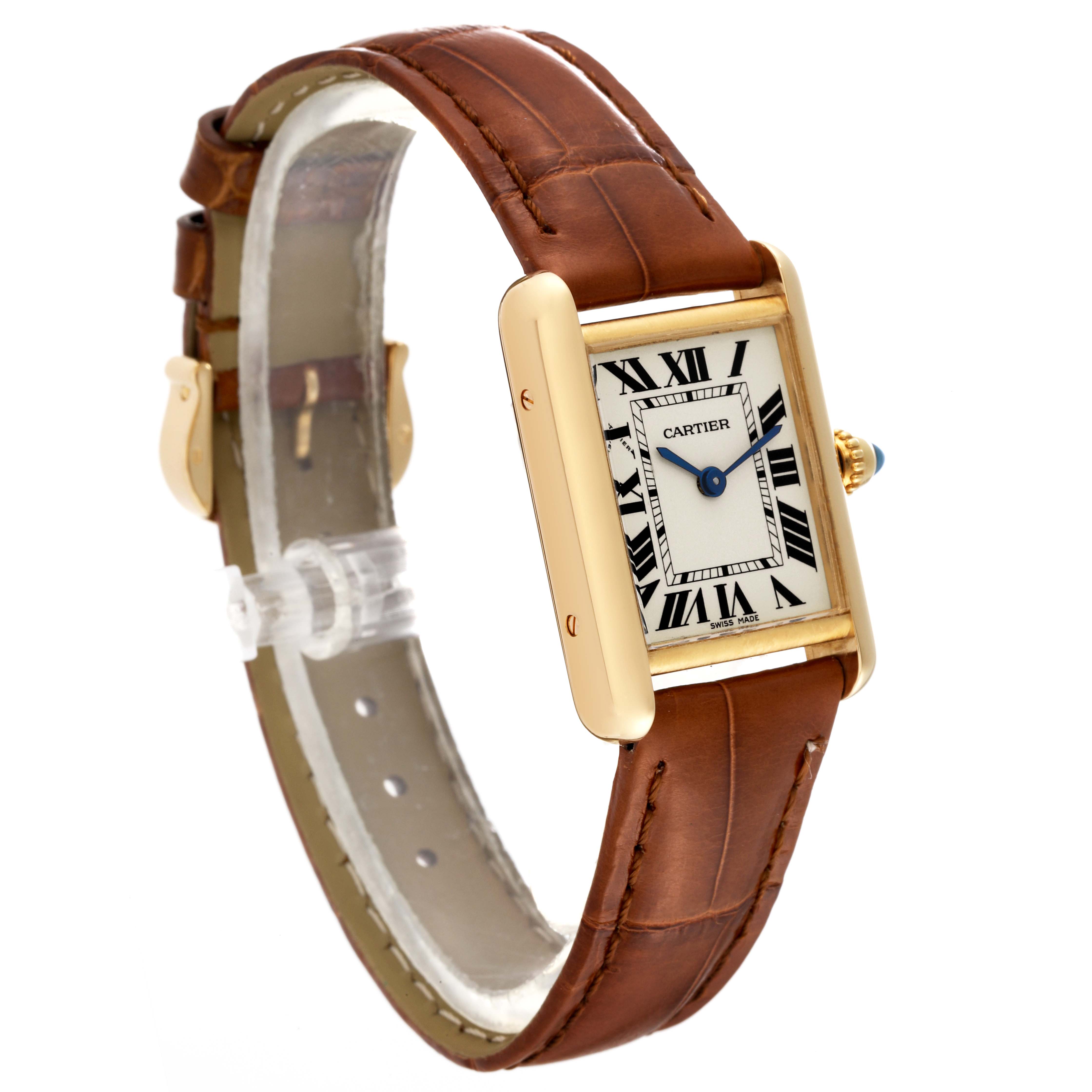 The Cartier Tank Louis W1529856 Women's Yellow Gold Silver Dial W1529856 Women's Yellow Gold Silver Dial watch is shown at a 3/4 angle, highlighting its rectangular face, leather strap, and gold casing.