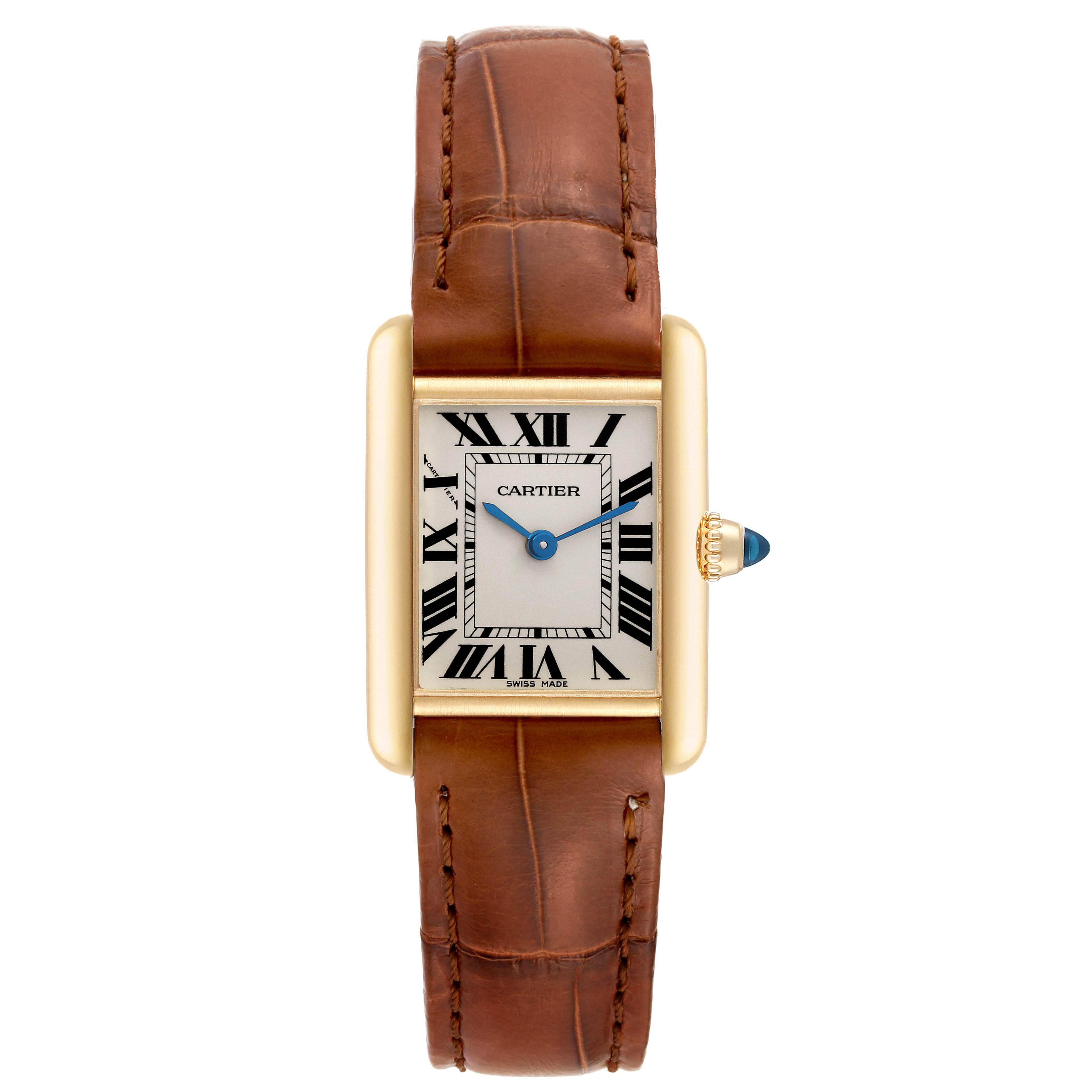 This image shows a front view of the Cartier Tank Louis W1529856 Women's Yellow Gold Silver Dial W1529856 Women's Yellow Gold Silver Dial model watch, featuring a leather strap and blue hands.
