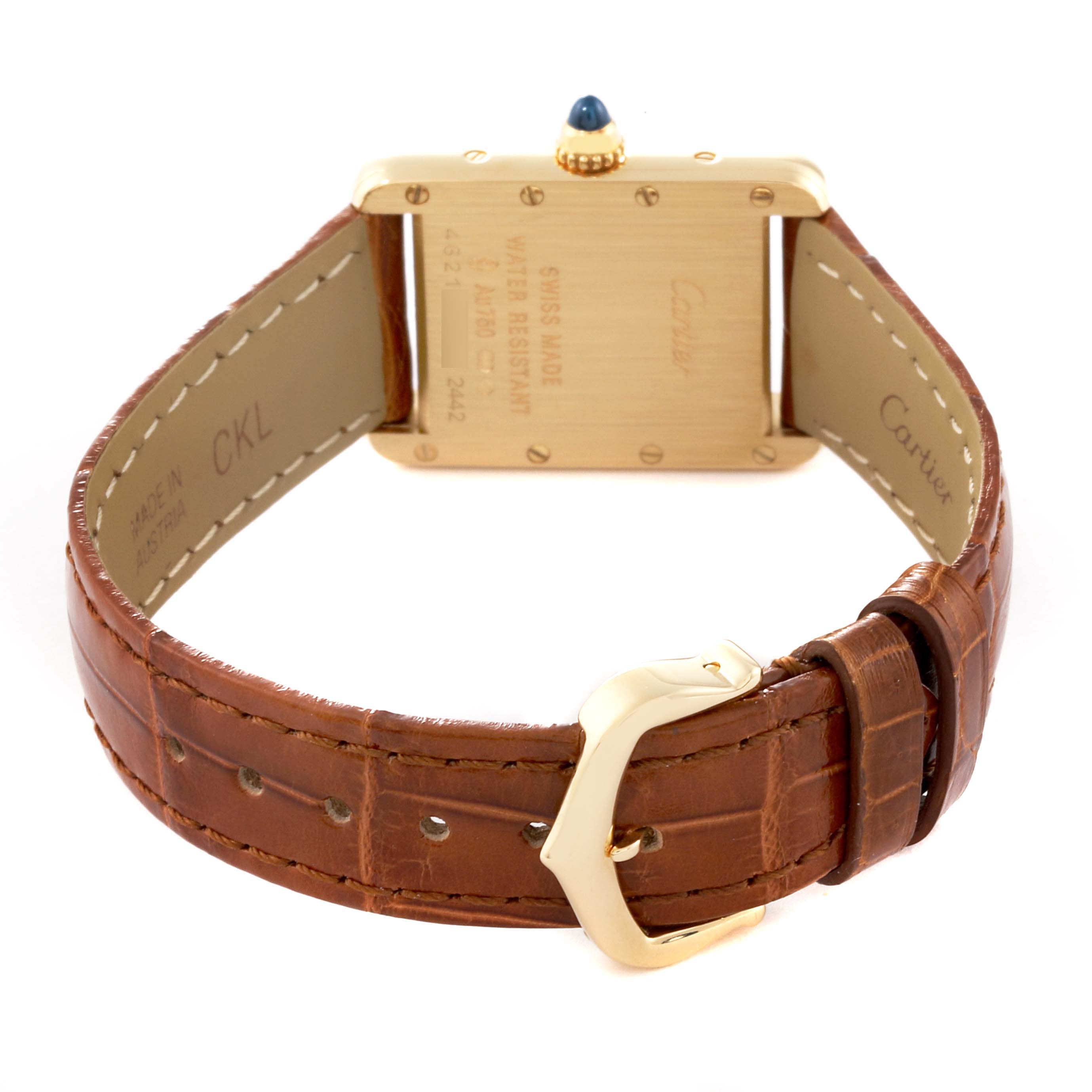 The image shows the back view of a Cartier Tank Louis W1529856 Women's Yellow Gold Silver Dial W1529856 Women's Yellow Gold Silver Dial watch, highlighting the case back, strap, and buckle.