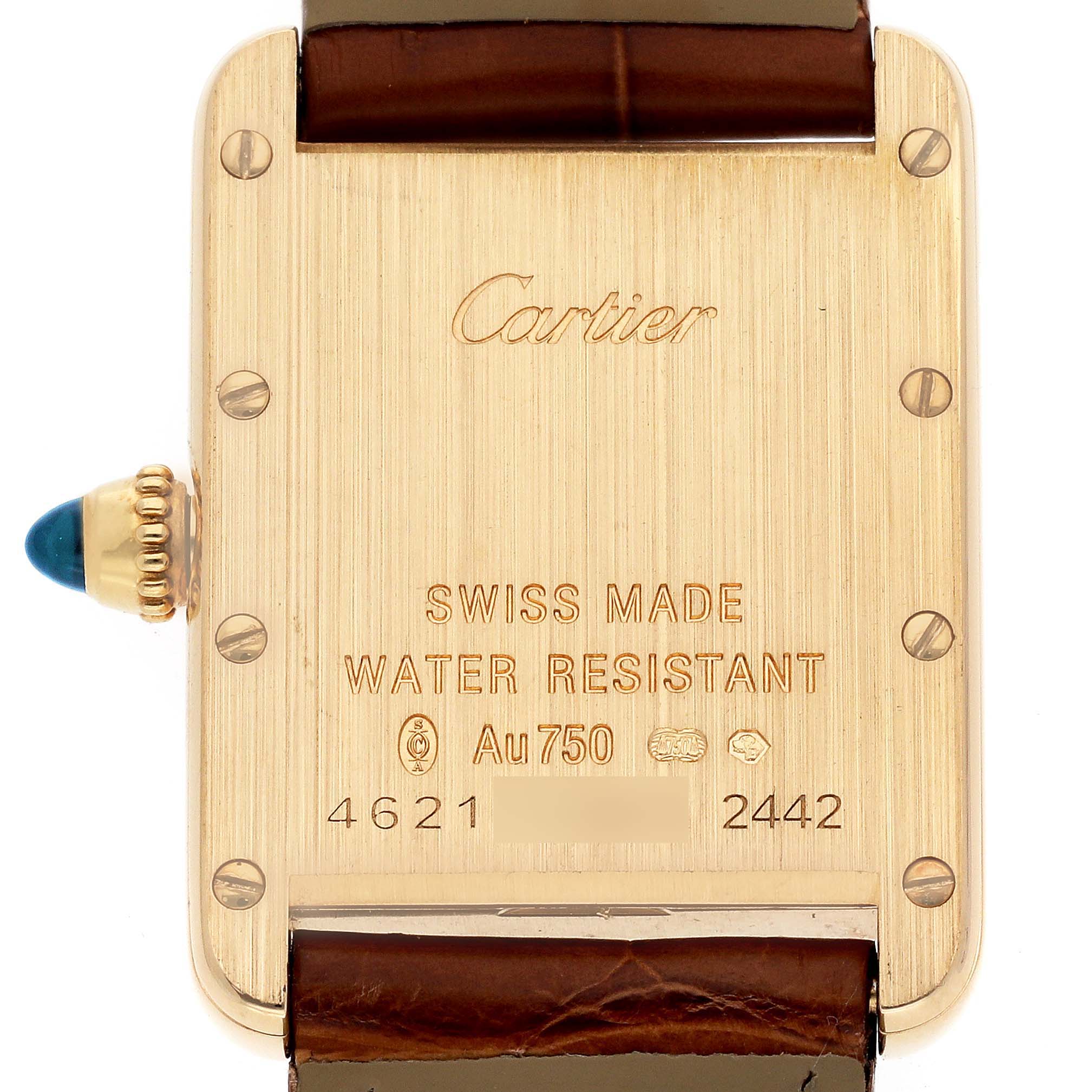 The image shows the back view of a Cartier Tank Louis W1529856 Women's Yellow Gold Silver Dial W1529856 Women's Yellow Gold Silver Dial watch, including the case back and leather strap.