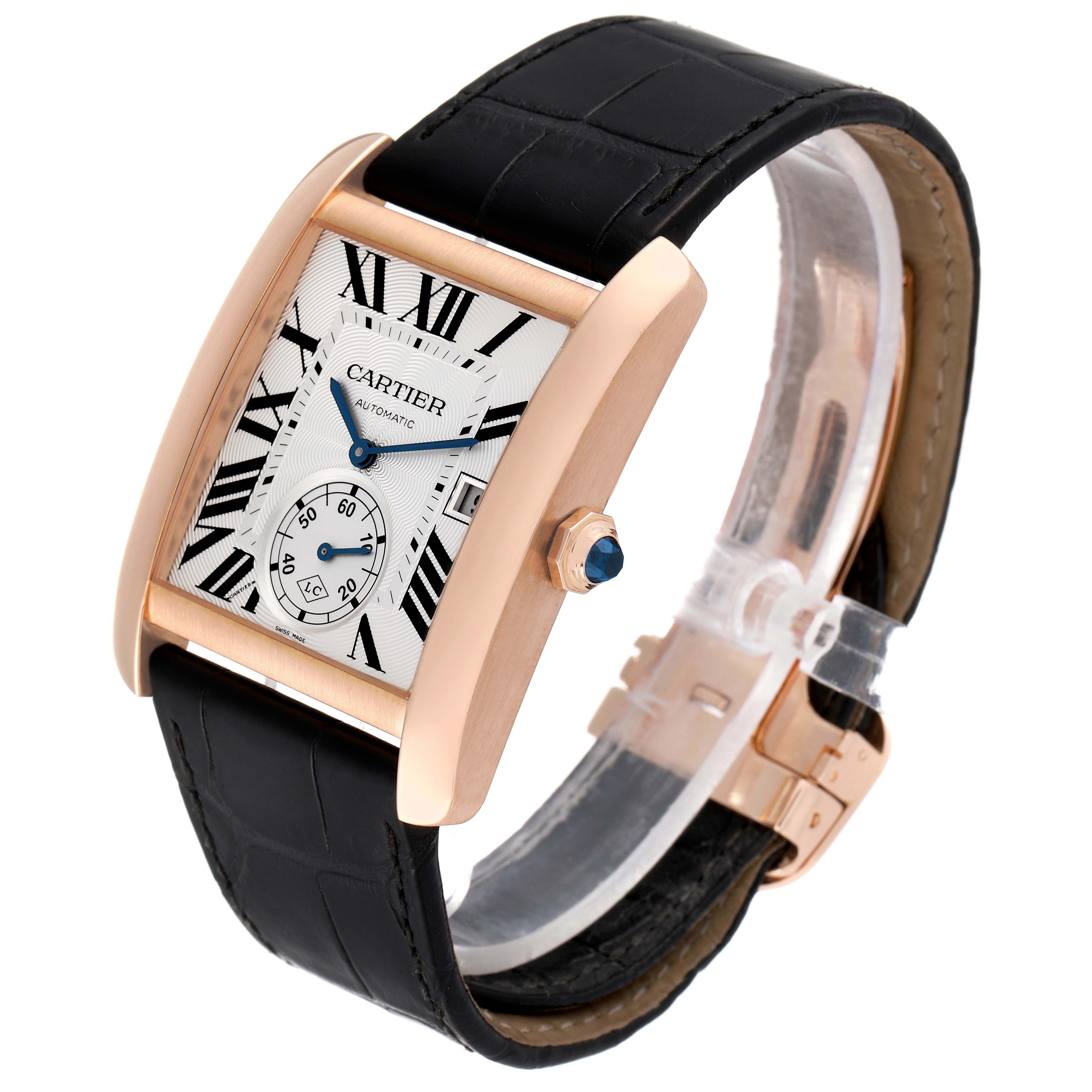 This image shows a Cartier Tank MC W5330001 Men's Rose Gold Silver Dial W5330001 Men's Rose Gold Silver Dial watch at an angled side view, highlighting its dial, crown, strap, and deployment clasp.