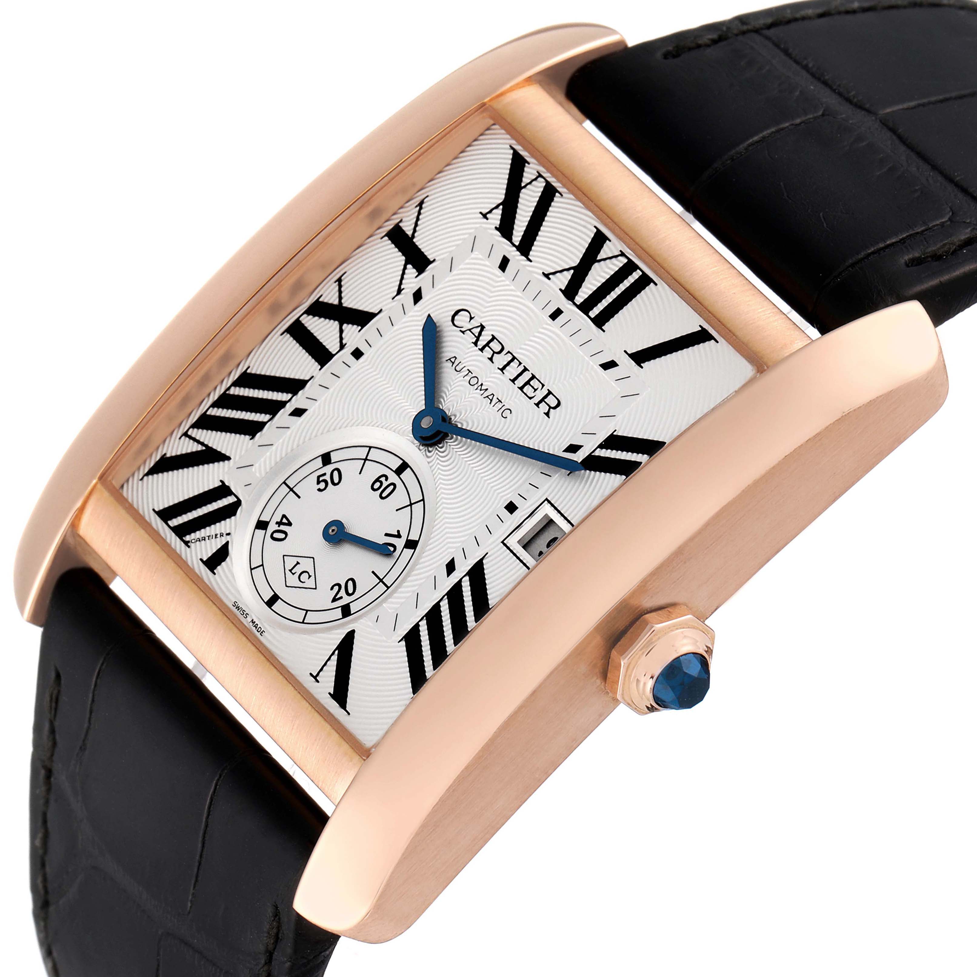 The image shows a Cartier Tank MC W5330001 Men's Rose Gold Silver Dial W5330001 Men's Rose Gold Silver Dial watch from an angled side view, highlighting the dial, strap, and crown.