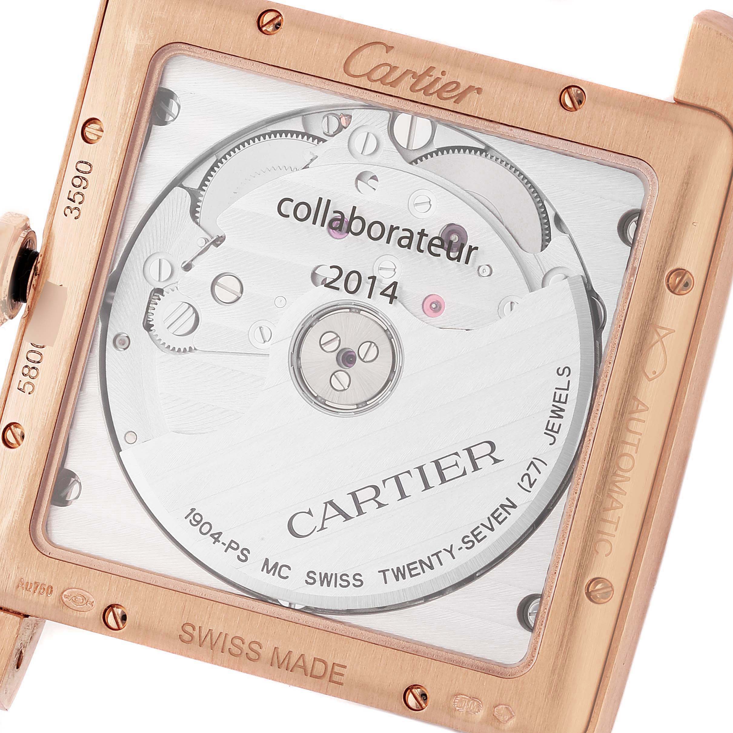 This image shows the back view of the Cartier Tank MC W5330001 Men's Rose Gold Silver Dial W5330001 Men's Rose Gold Silver Dial model, highlighting its internal automatic movement.