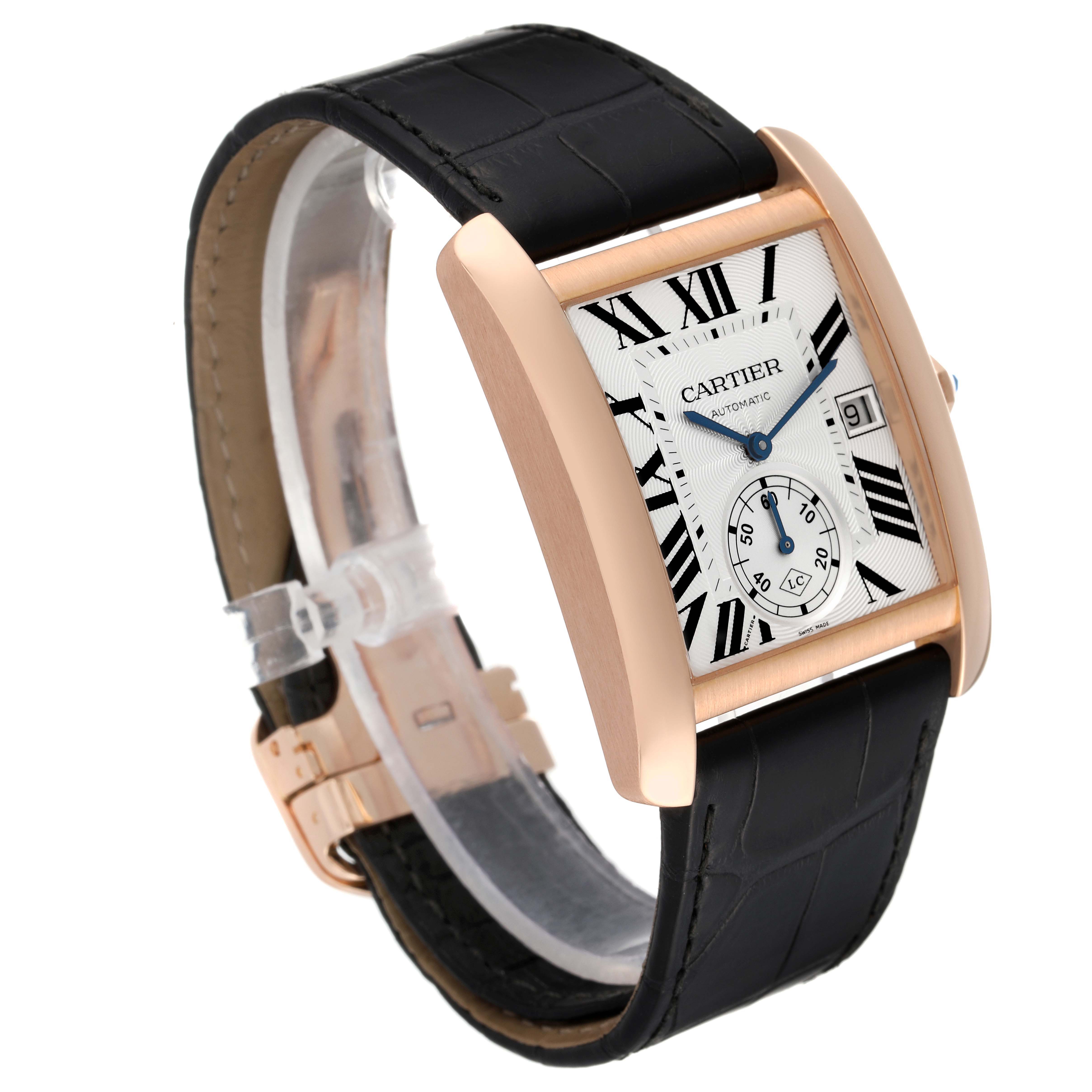 The Cartier Tank MC W5330001 Men's Rose Gold Silver Dial W5330001 Men's Rose Gold Silver Dial watch is shown at a three-quarter angle, highlighting its face, strap, clasp, and side profile.