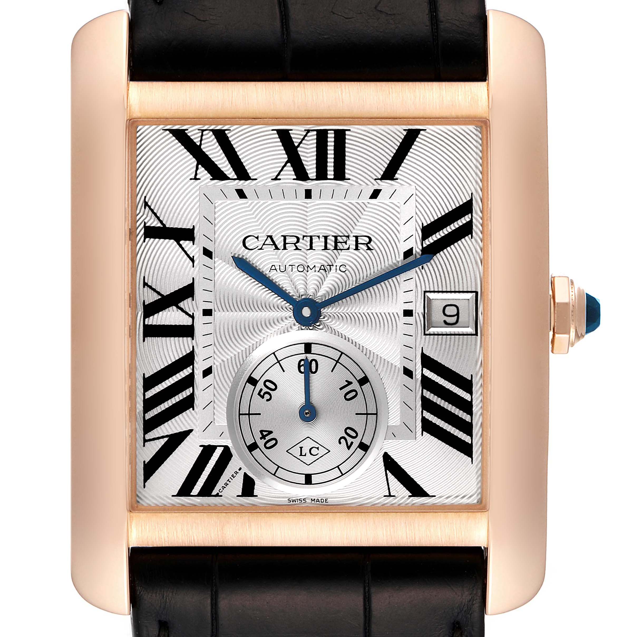 This image shows a front angle of the Cartier Tank MC W5330001 Men's Rose Gold Silver Dial W5330001 Men's Rose Gold Silver Dial watch, highlighting the dial, Roman numerals, subdial, and date window.
