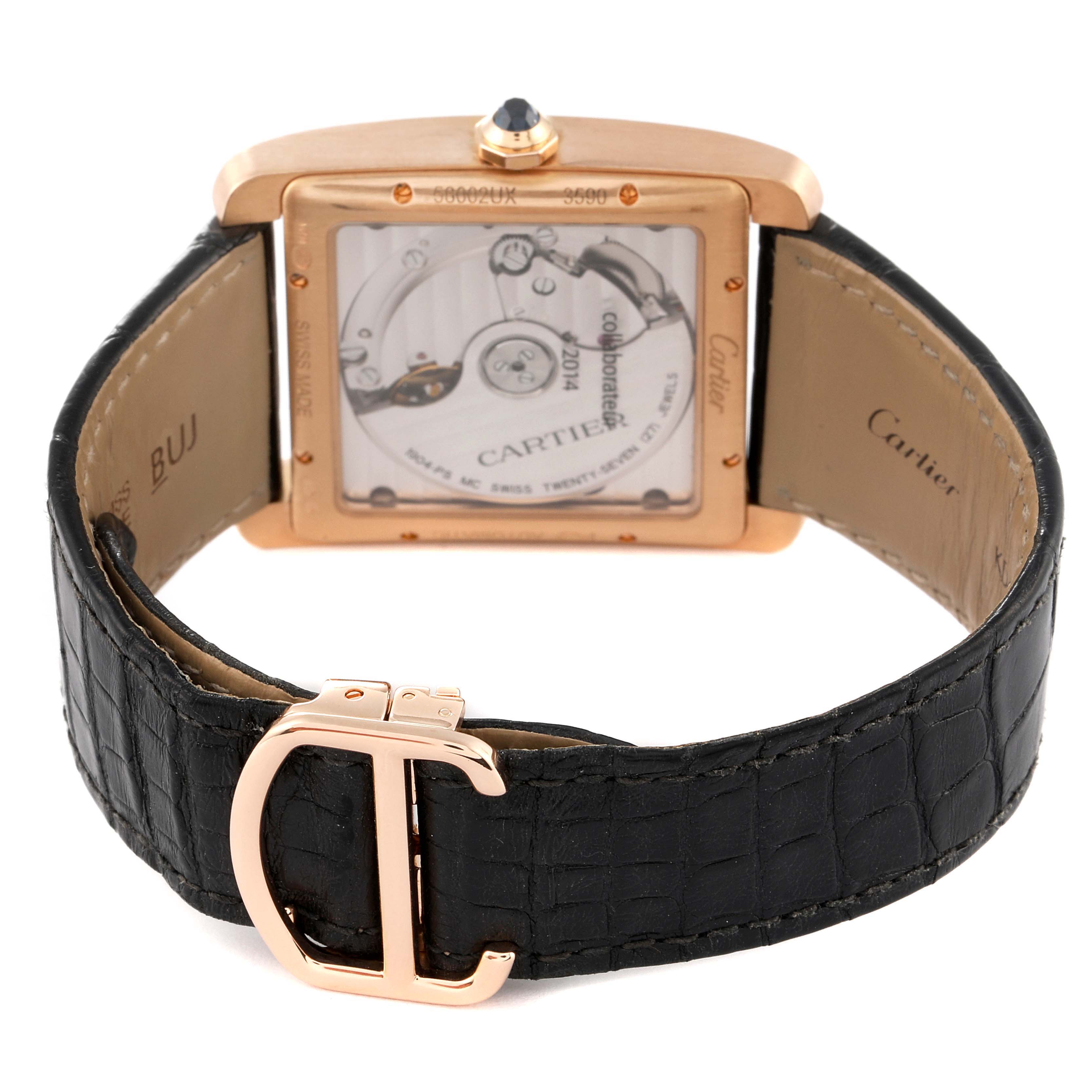 This image shows the case back, inner strap, and clasp of the Cartier Tank MC W5330001 Men's Rose Gold Silver Dial W5330001 Men's Rose Gold Silver Dial watch at a slight angle.