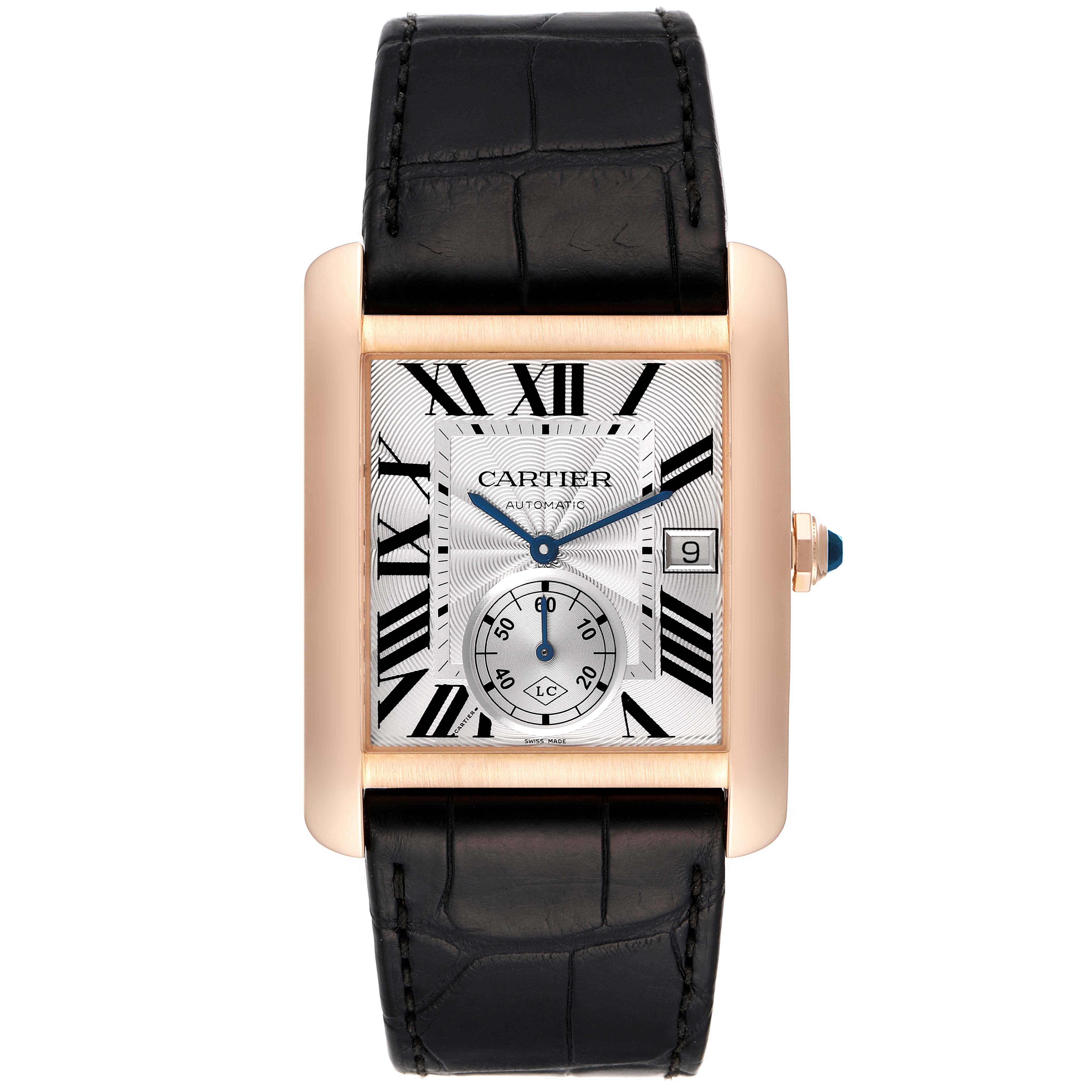 The image shows a front view of the Cartier Tank MC W5330001 Men's Rose Gold Silver Dial W5330001 Men's Rose Gold Silver Dial watch, displaying the face, straps, and crown.