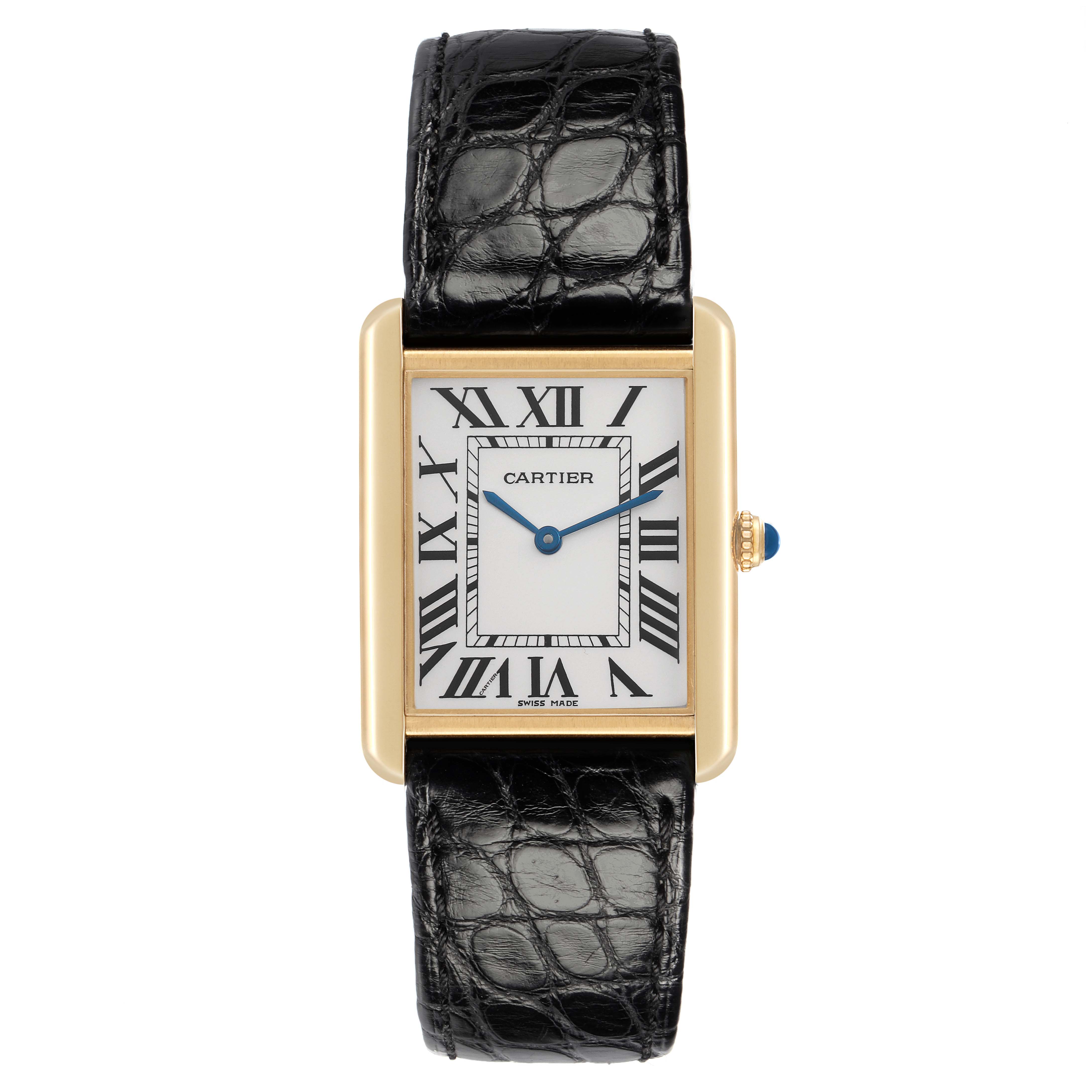 The Cartier Tank Solo W1018855 Men
s Yellow Gold Silver Dial W1018855 Men
s Yellow Gold Silver Dial watch is shown from the front, featuring a rectangular case, Roman numerals, and a black leather strap.
