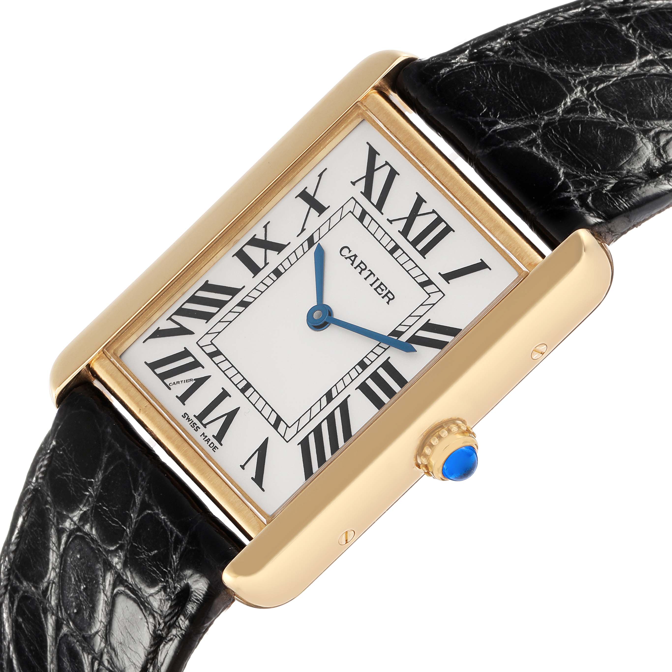 The image shows a Cartier Tank Solo W1018855 Men
s Yellow Gold Silver Dial W1018855 Men
s Yellow Gold Silver Dial watch at a slight angle, highlighting the face, case, crown, and a portion of the leather strap.