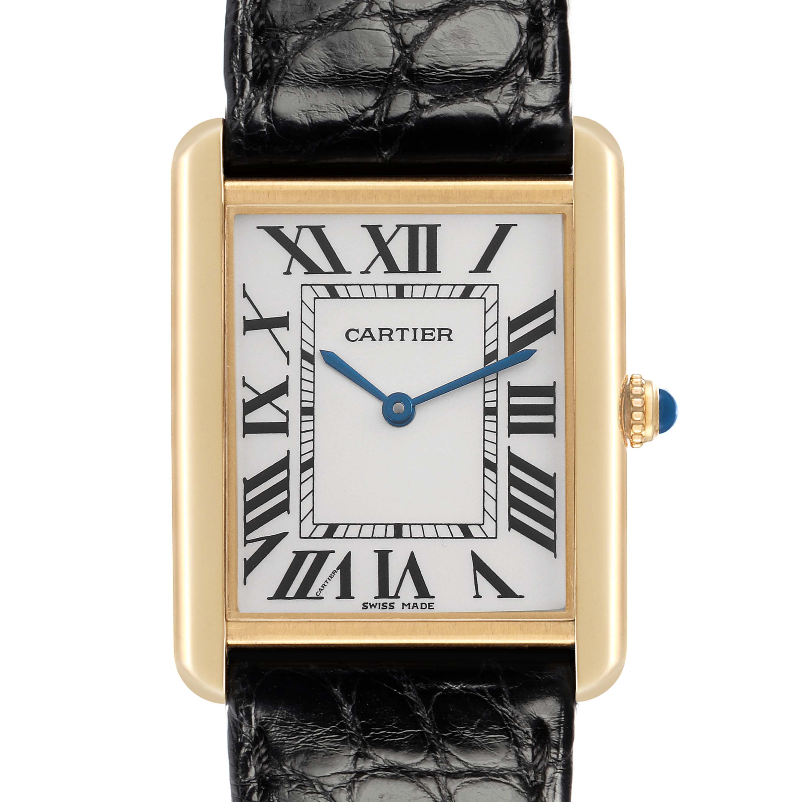 The Cartier Tank Solo W1018855 Men
s Yellow Gold Silver Dial W1018855 Men
s Yellow Gold Silver Dial watch is shown from the front, highlighting the dial, case, and part of the strap.