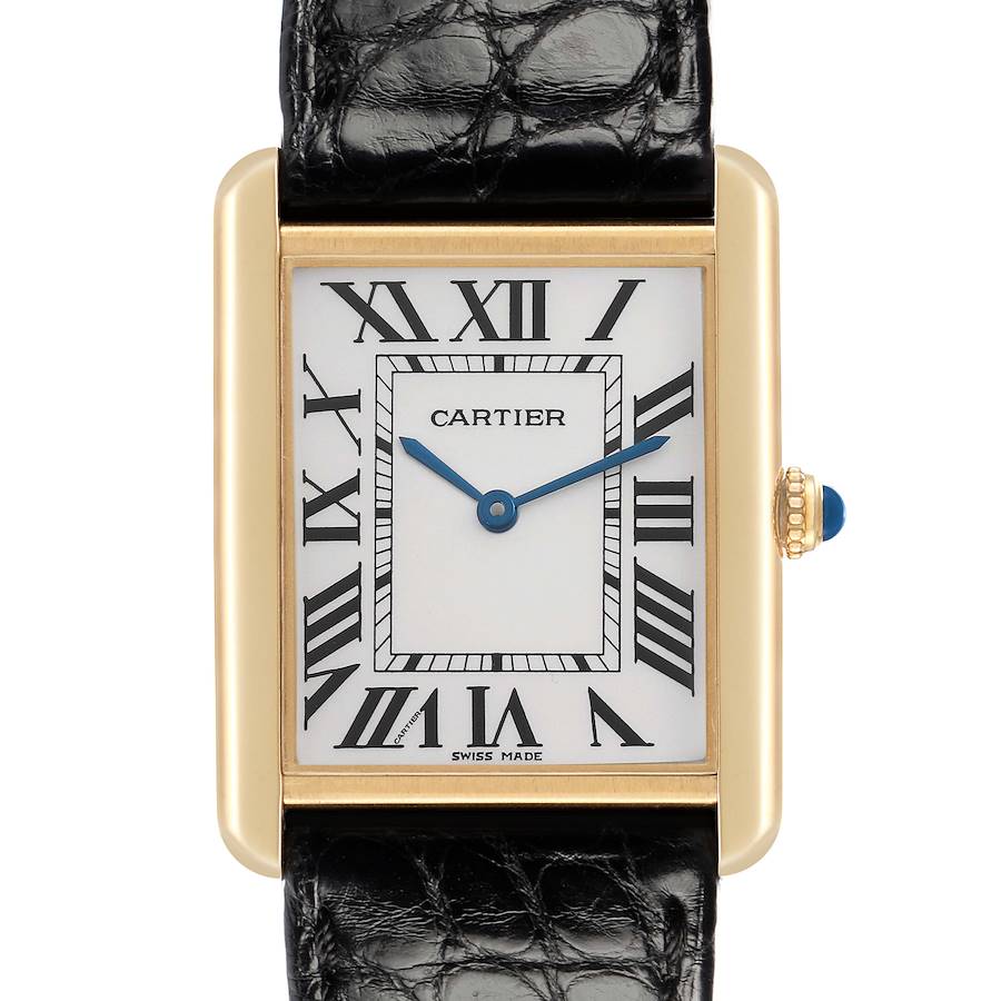 The Cartier Tank Solo watch is shown from the front, highlighting the dial, case, and part of the strap.