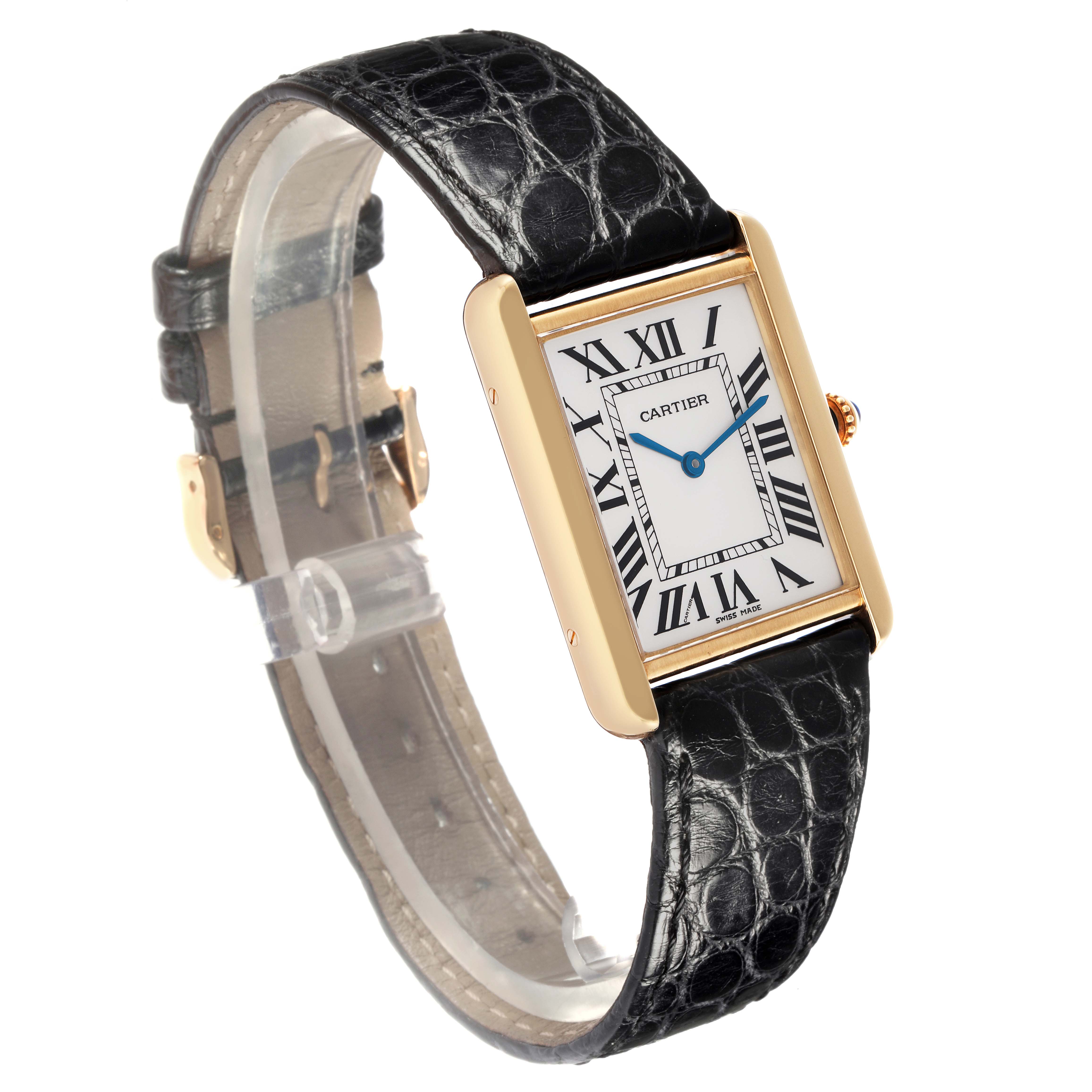 The Cartier Tank Solo W1018855 Men
s Yellow Gold Silver Dial W1018855 Men
s Yellow Gold Silver Dial watch is shown at a slight angle, displaying the face, strap, and side crown.