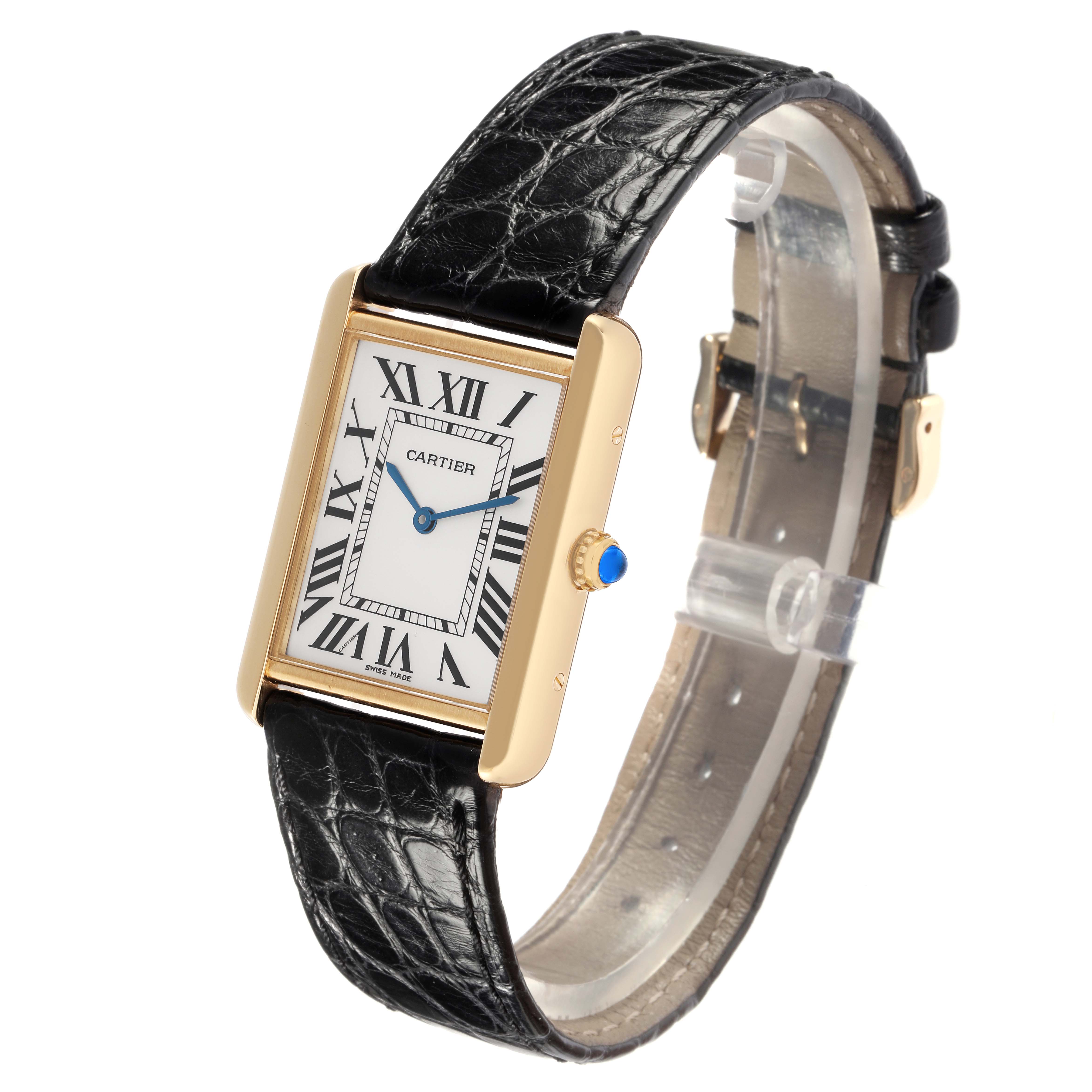 The Cartier Tank Solo W1018855 Men
s Yellow Gold Silver Dial W1018855 Men
s Yellow Gold Silver Dial watch is shown at an angle highlighting the face, bezel, crown, and leather strap.