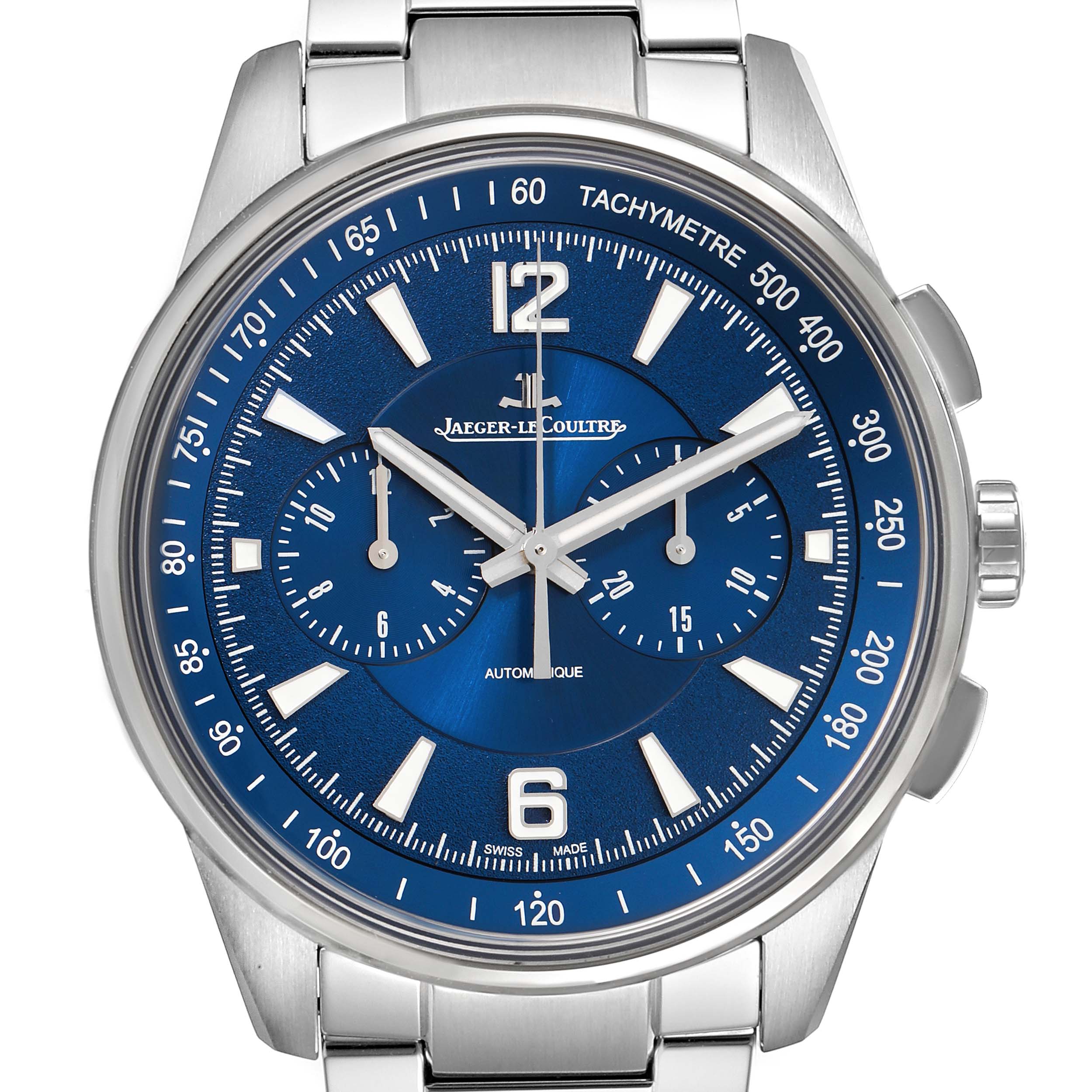 The image shows a front view of the Jaeger LeCoultre Polaris Q9028180 Men's Stainless Steel Blue Dial Q9028180 Men's Stainless Steel Blue Dial watch, highlighting its blue dial, tachymeter scale, and chronograph features.