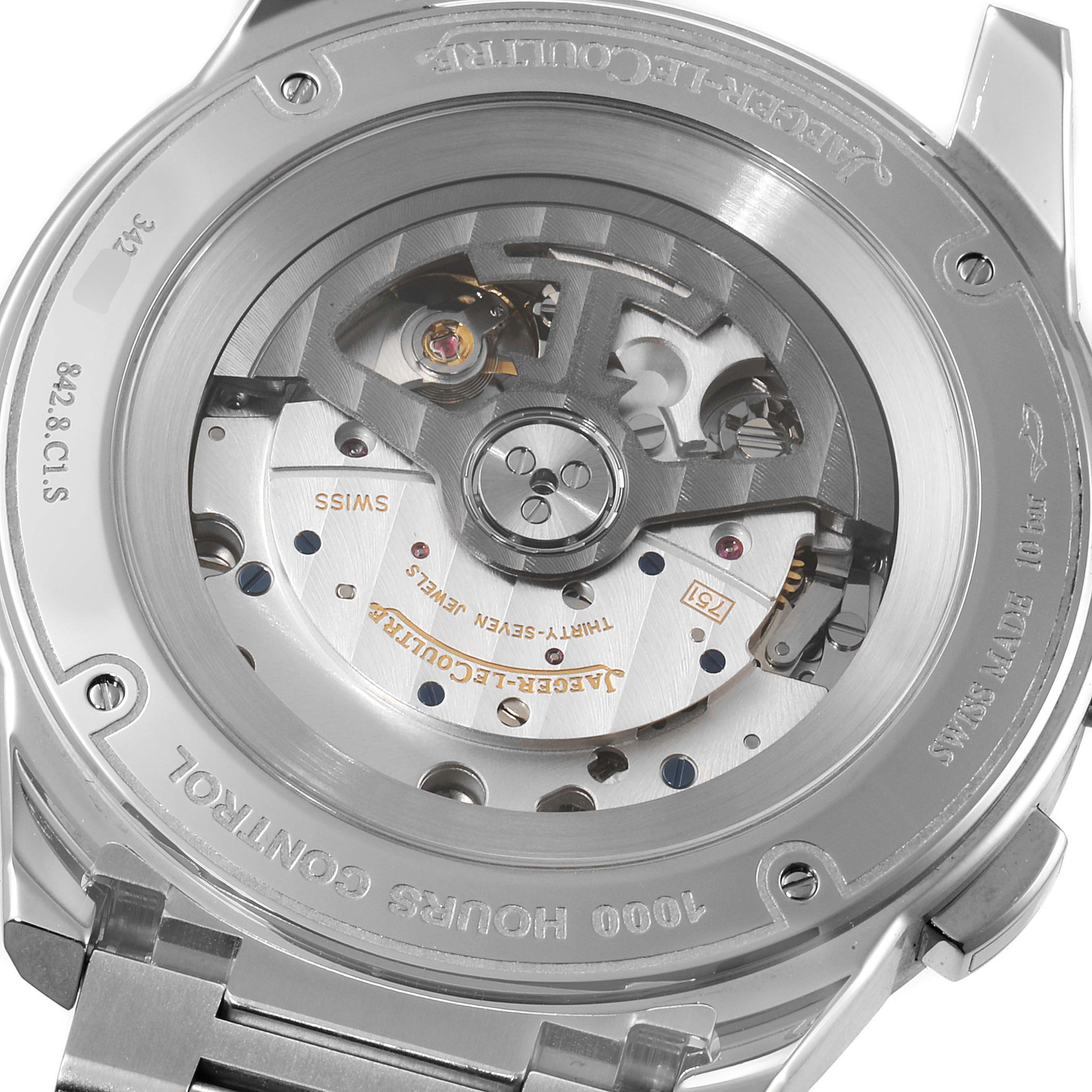 The image shows the back of the Jaeger LeCoultre Polaris Q9028180 Men's Stainless Steel Blue Dial Q9028180 Men's Stainless Steel Blue Dial watch, highlighting its exposed mechanical movement.