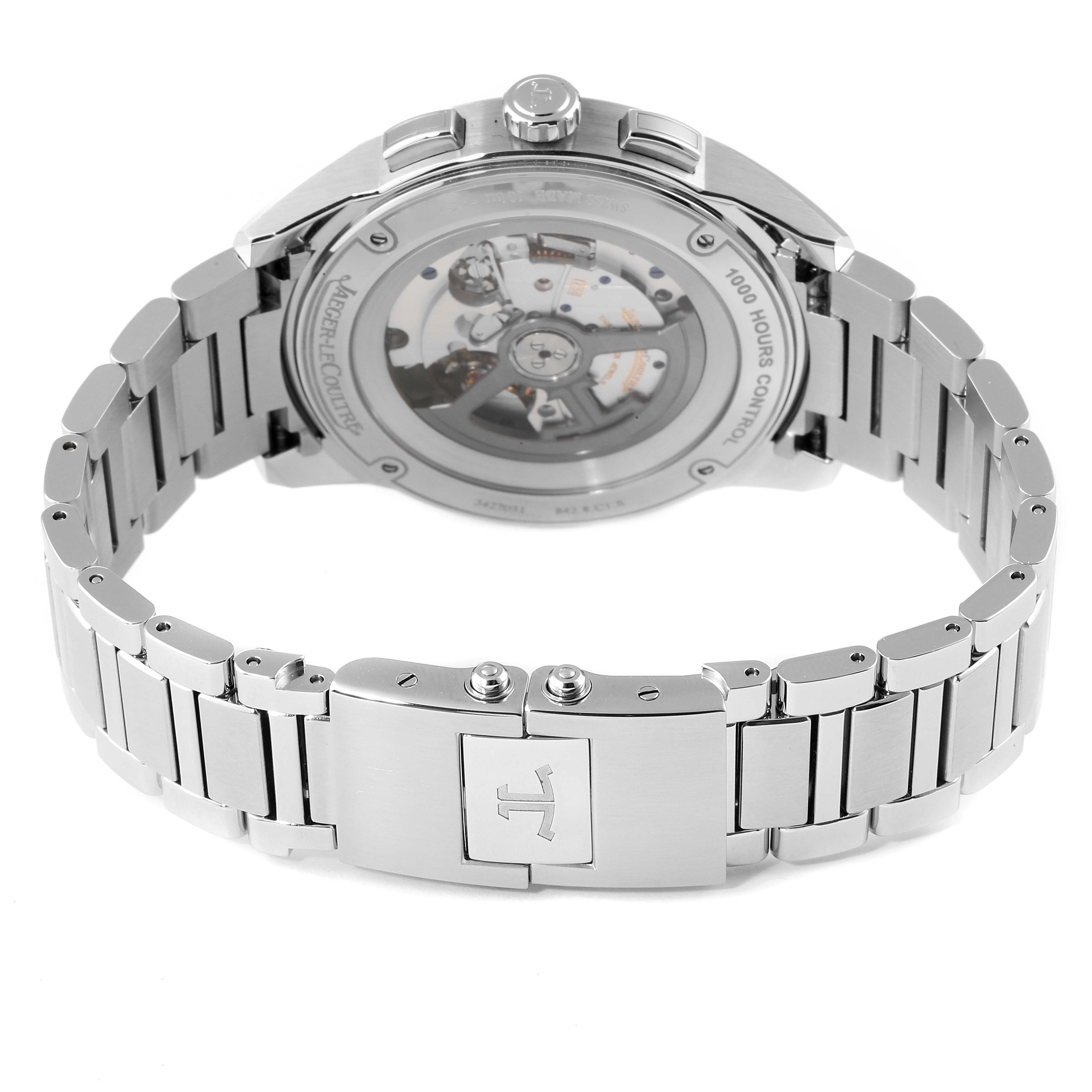 The Jaeger LeCoultre Polaris Q9028180 Men's Stainless Steel Blue Dial Q9028180 Men's Stainless Steel Blue Dial watch is shown from the back, displaying its transparent case back and metal bracelet.