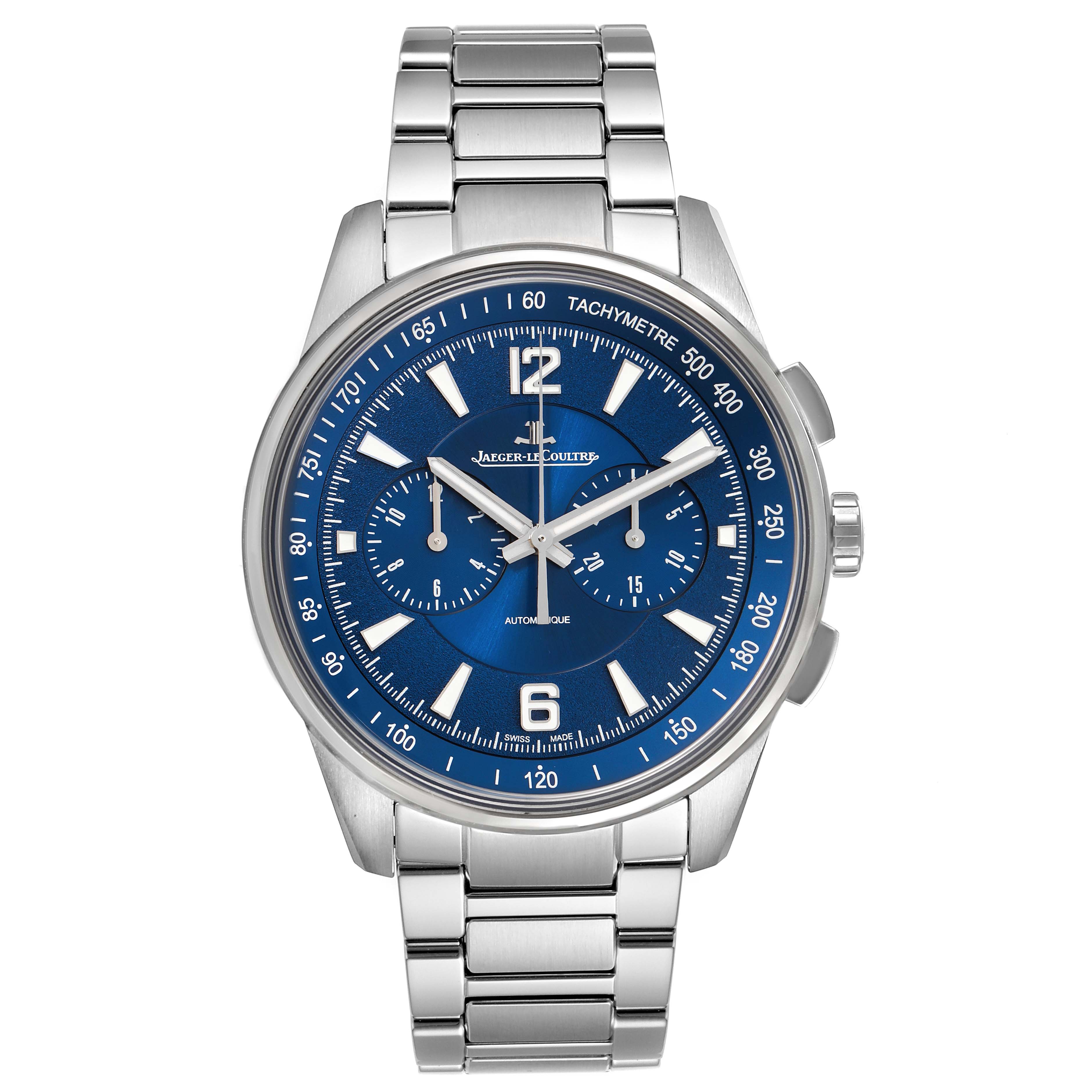 This image shows a front view of the Jaeger LeCoultre Polaris Q9028180 Men's Stainless Steel Blue Dial Q9028180 Men's Stainless Steel Blue Dial watch, highlighting the blue dial, tachymeter, and metal bracelet.