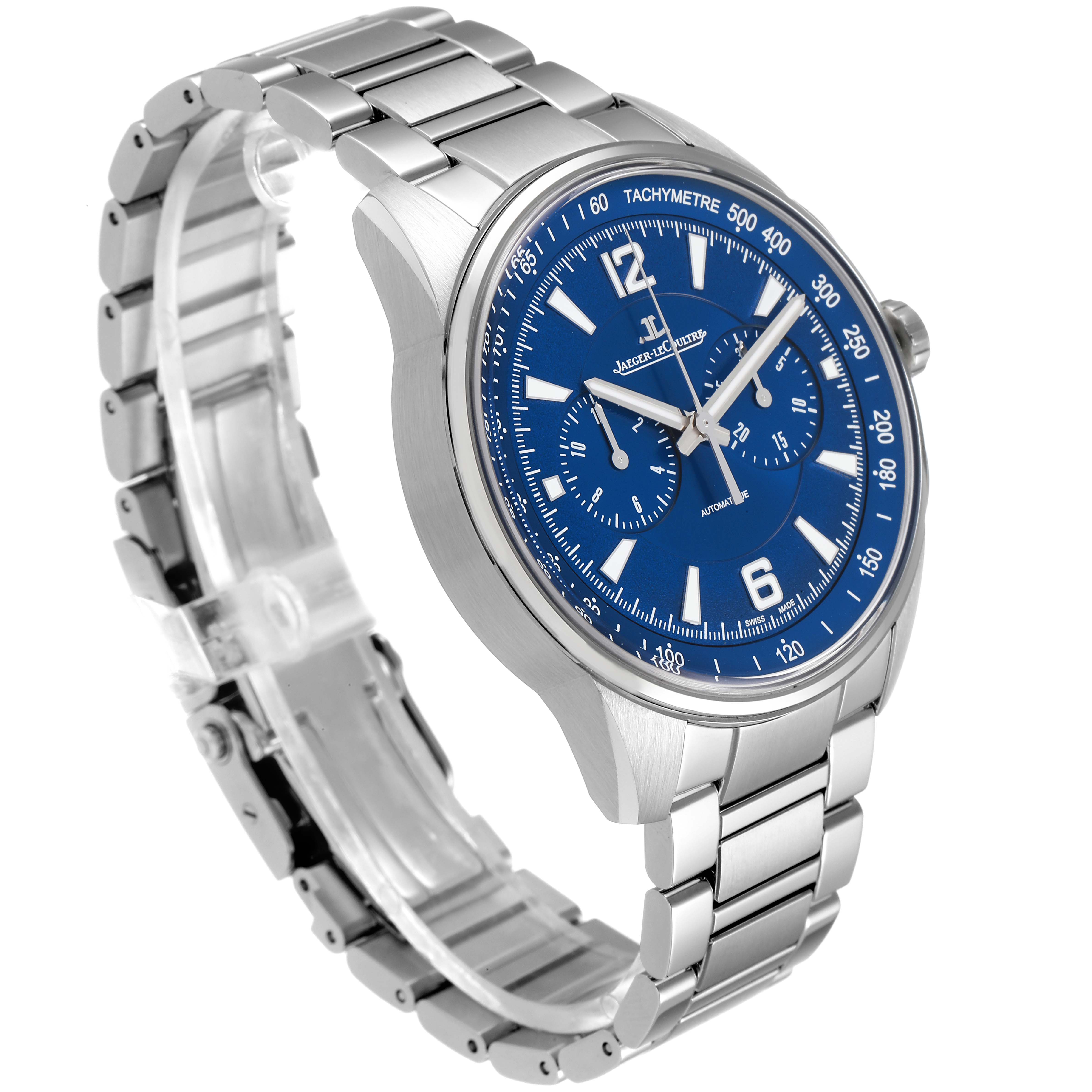 The Jaeger LeCoultre Polaris Q9028180 Men's Stainless Steel Blue Dial Q9028180 Men's Stainless Steel Blue Dial watch is shown from an angled view highlighting its blue dial, tachymetre, and metal bracelet.