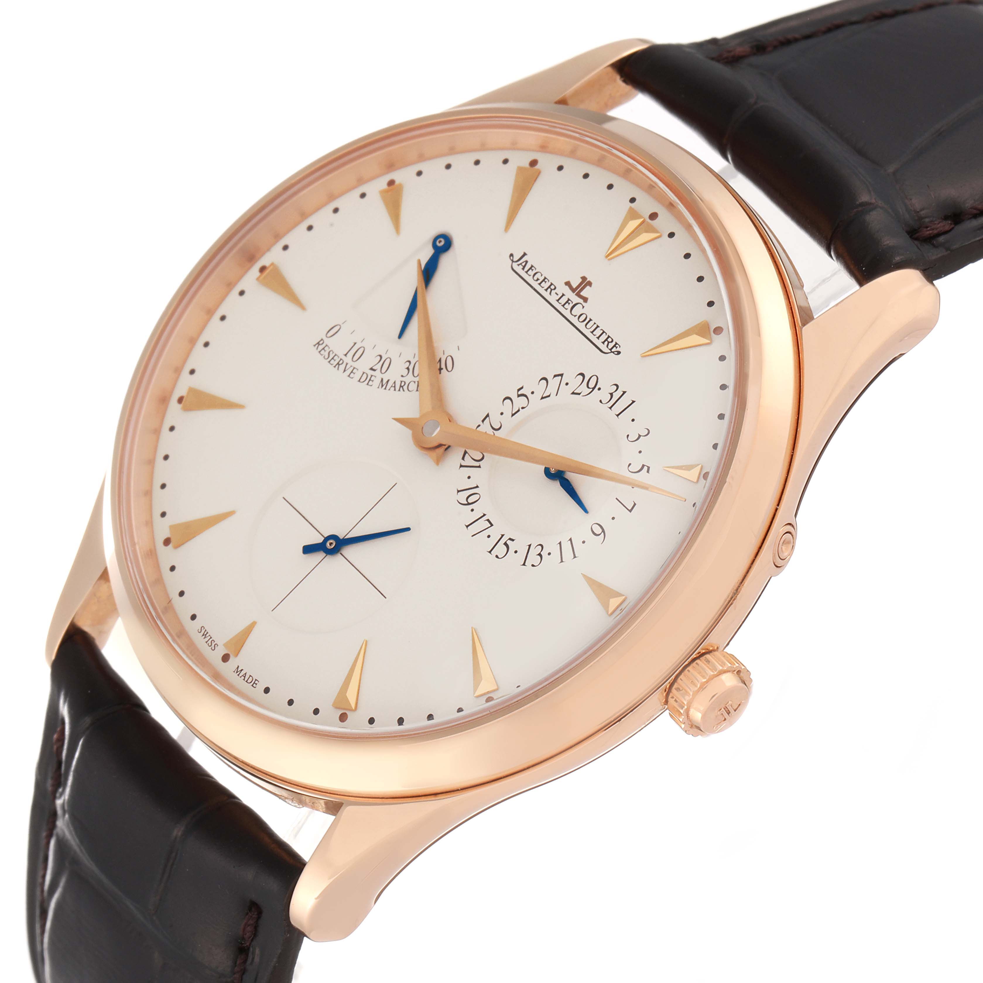 This Jaeger LeCoultre Master Q1372520 Men's Rose Gold Silver Dial Q1372520 Men's Rose Gold Silver Dial watch is shown at an angle displaying the face, crown, lugs, and leather strap.