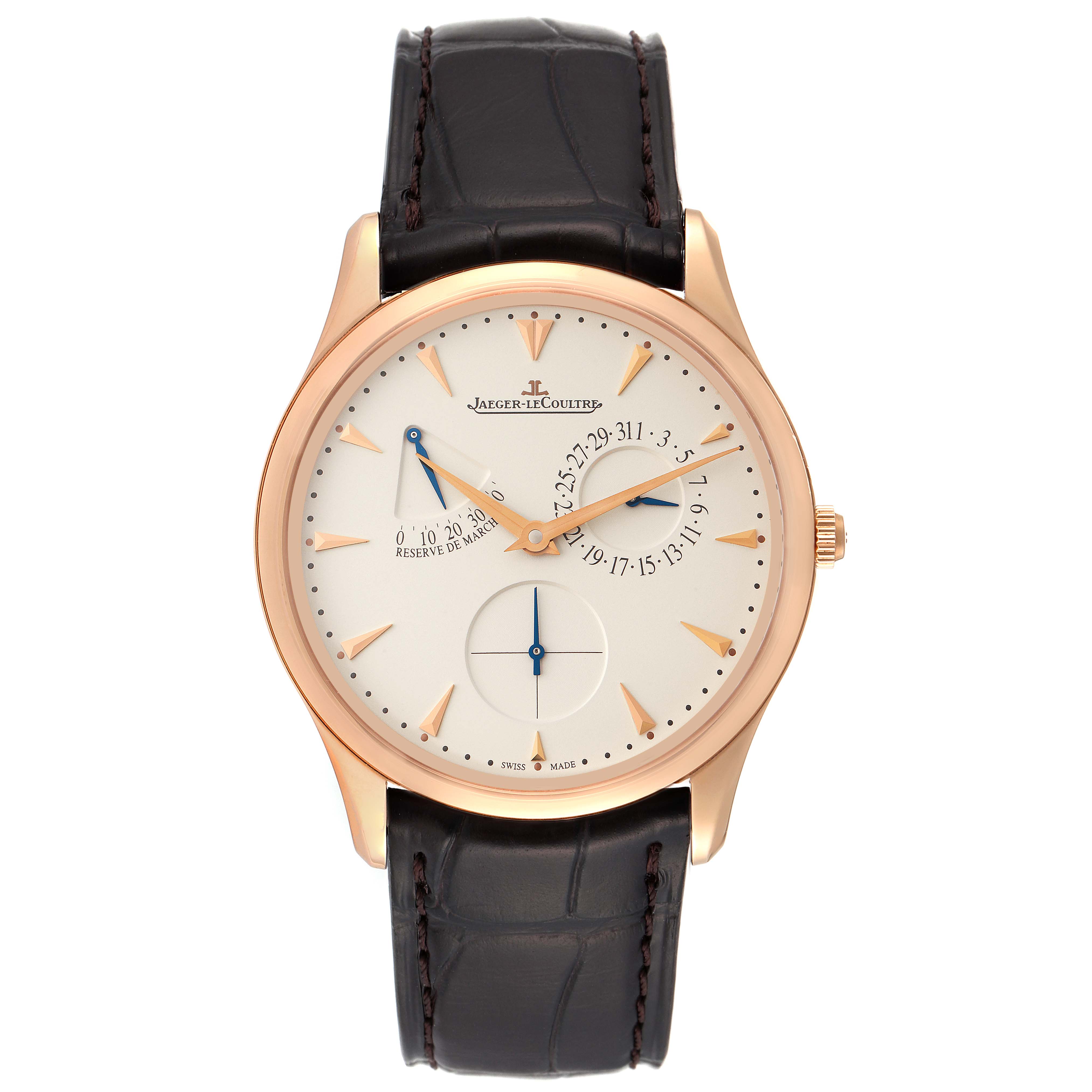 The image shows a front view of the Jaeger LeCoultre Master Q1372520 Men's Rose Gold Silver Dial Q1372520 Men's Rose Gold Silver Dial model watch.
