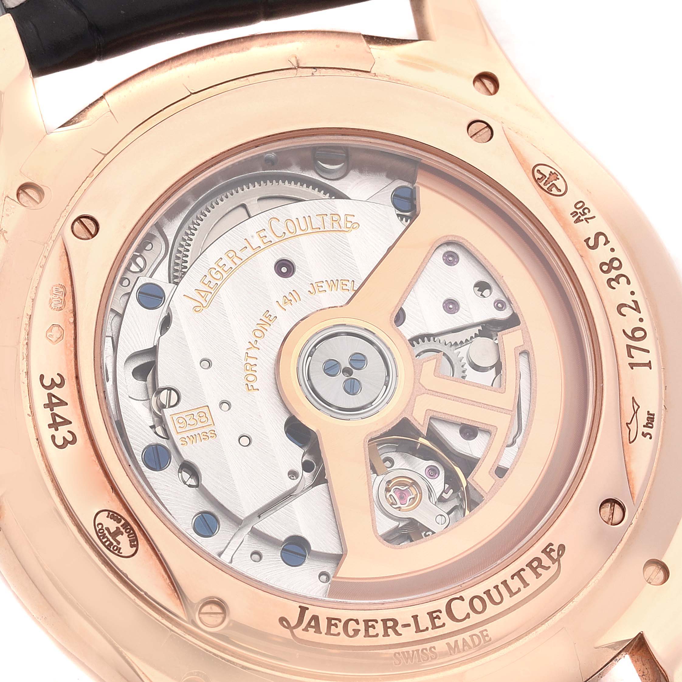 This image shows the back view of the Jaeger LeCoultre Master Q1372520 Men's Rose Gold Silver Dial Q1372520 Men's Rose Gold Silver Dial model watch, highlighting the internal mechanism.