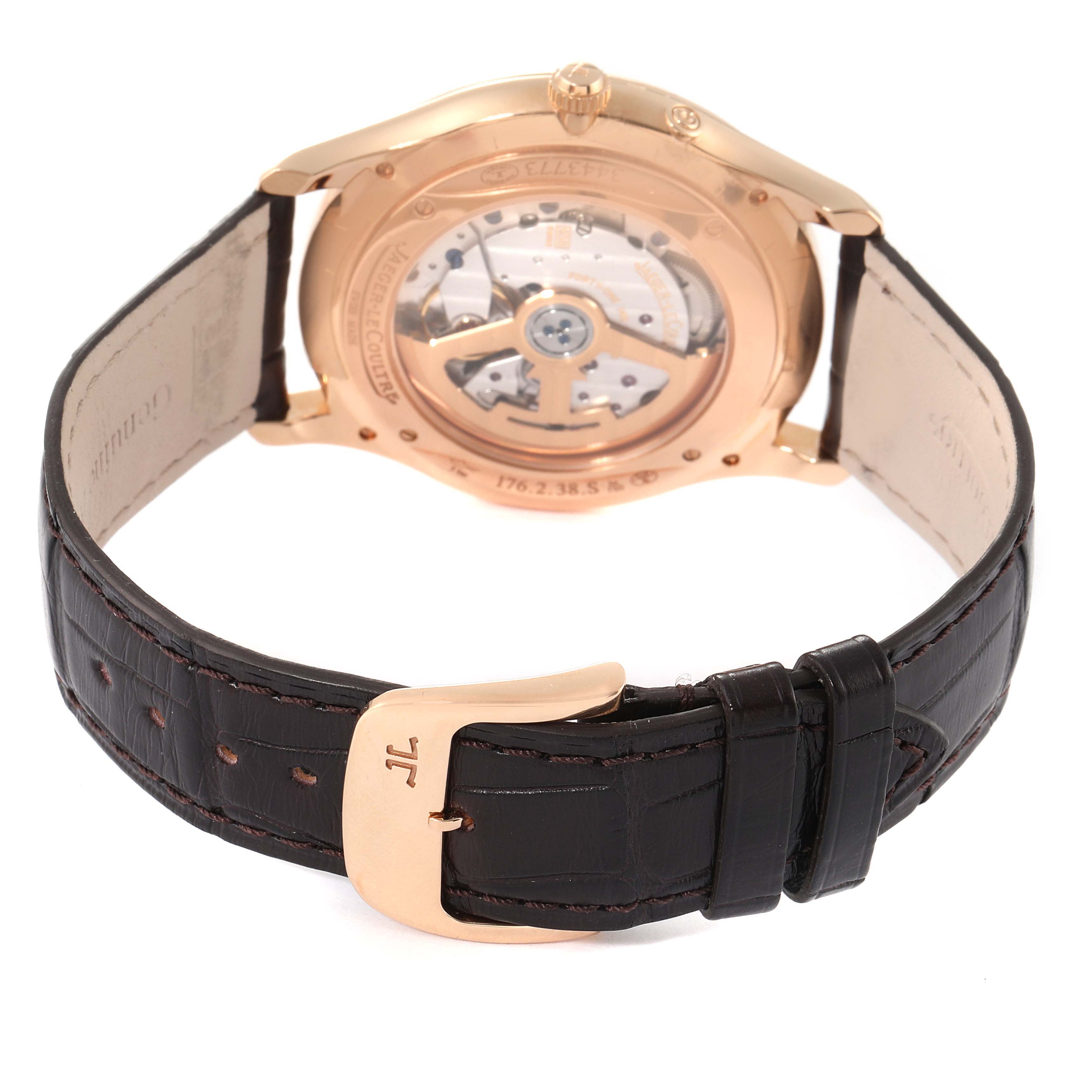 This image shows the back view of a Jaeger LeCoultre Master Q1372520 Men's Rose Gold Silver Dial Q1372520 Men's Rose Gold Silver Dial watch, highlighting the movement and leather strap.