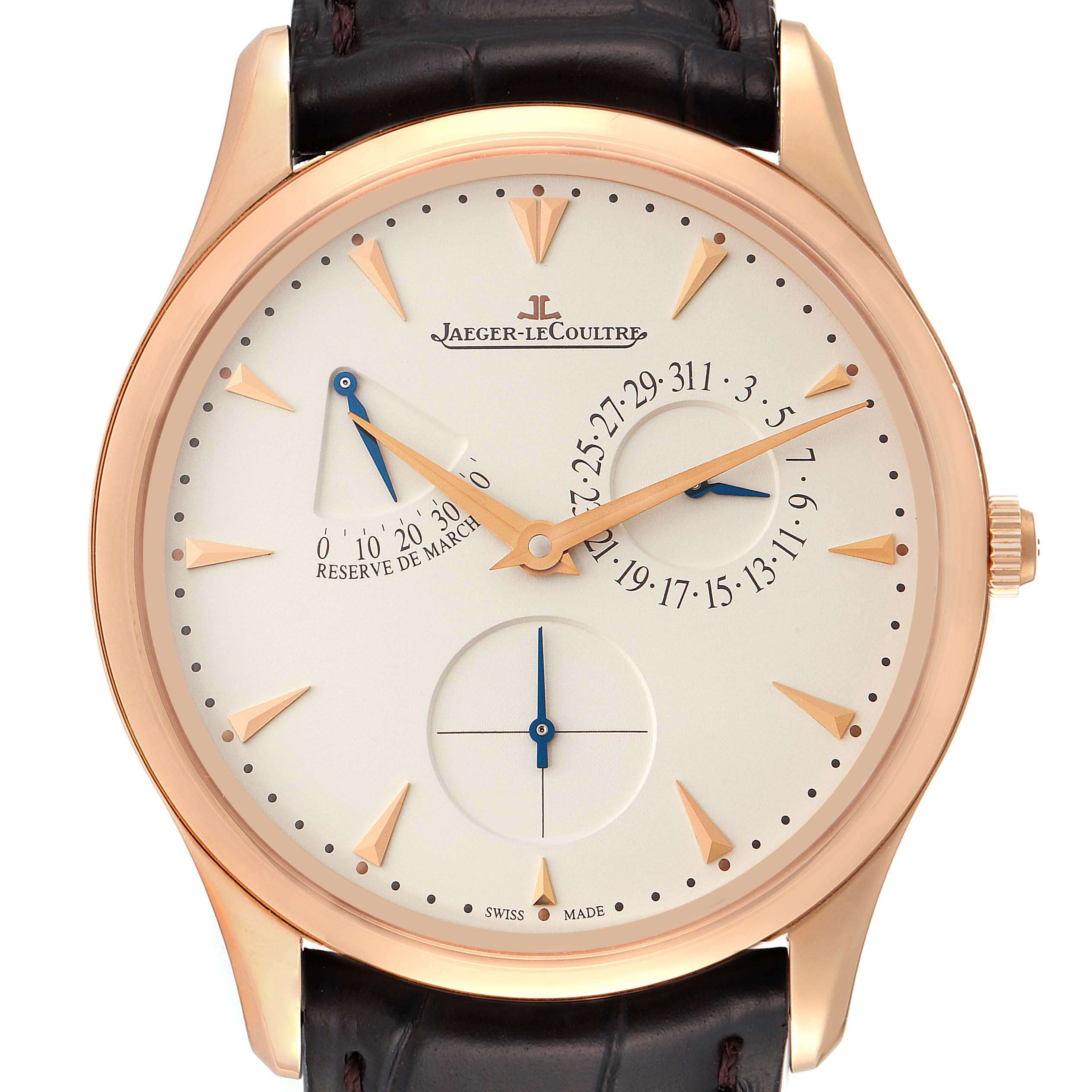 The image shows the face of a Jaeger LeCoultre Master Q1372520 Men's Rose Gold Silver Dial Q1372520 Men's Rose Gold Silver Dial model watch, including its dial, hands, and date indicators.