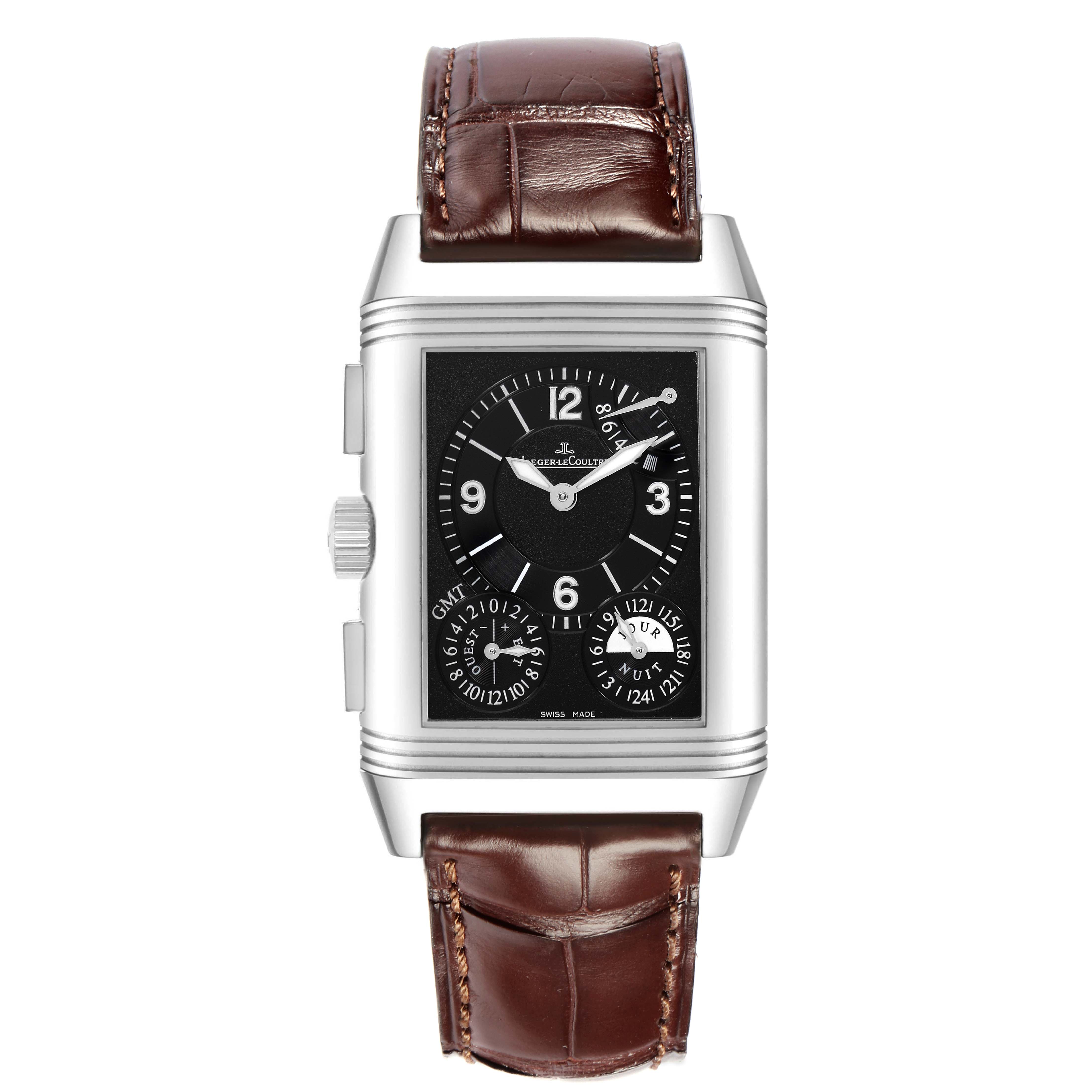 The image shows a frontal view of the Jaeger-LeCoultre Reverso watch, displaying its face and brown leather strap.