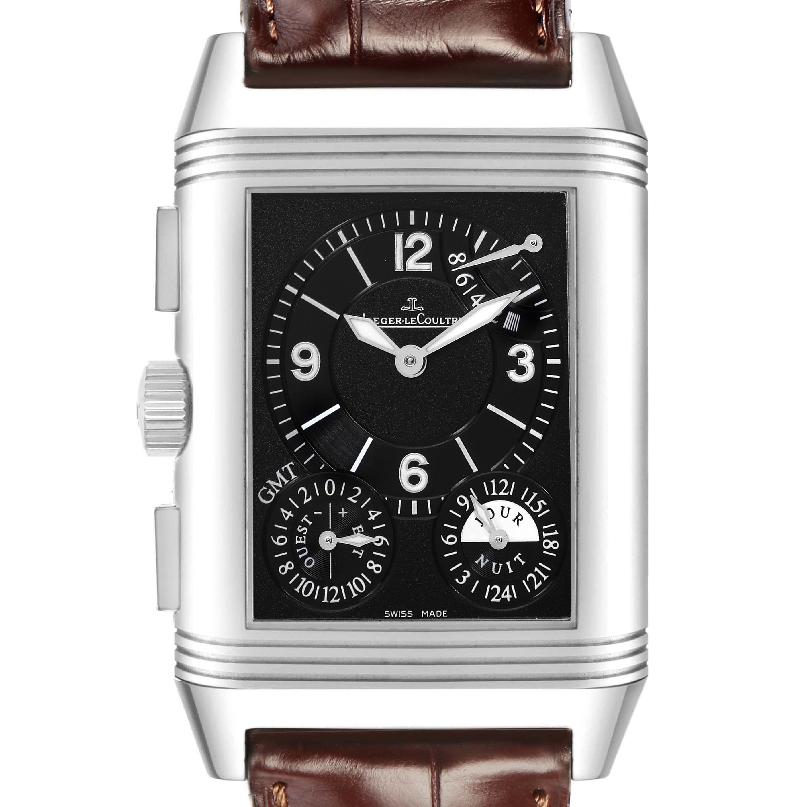 The Jaeger-LeCoultre Reverso model is shown from the front, displaying its face, case, crown, and part of the strap.