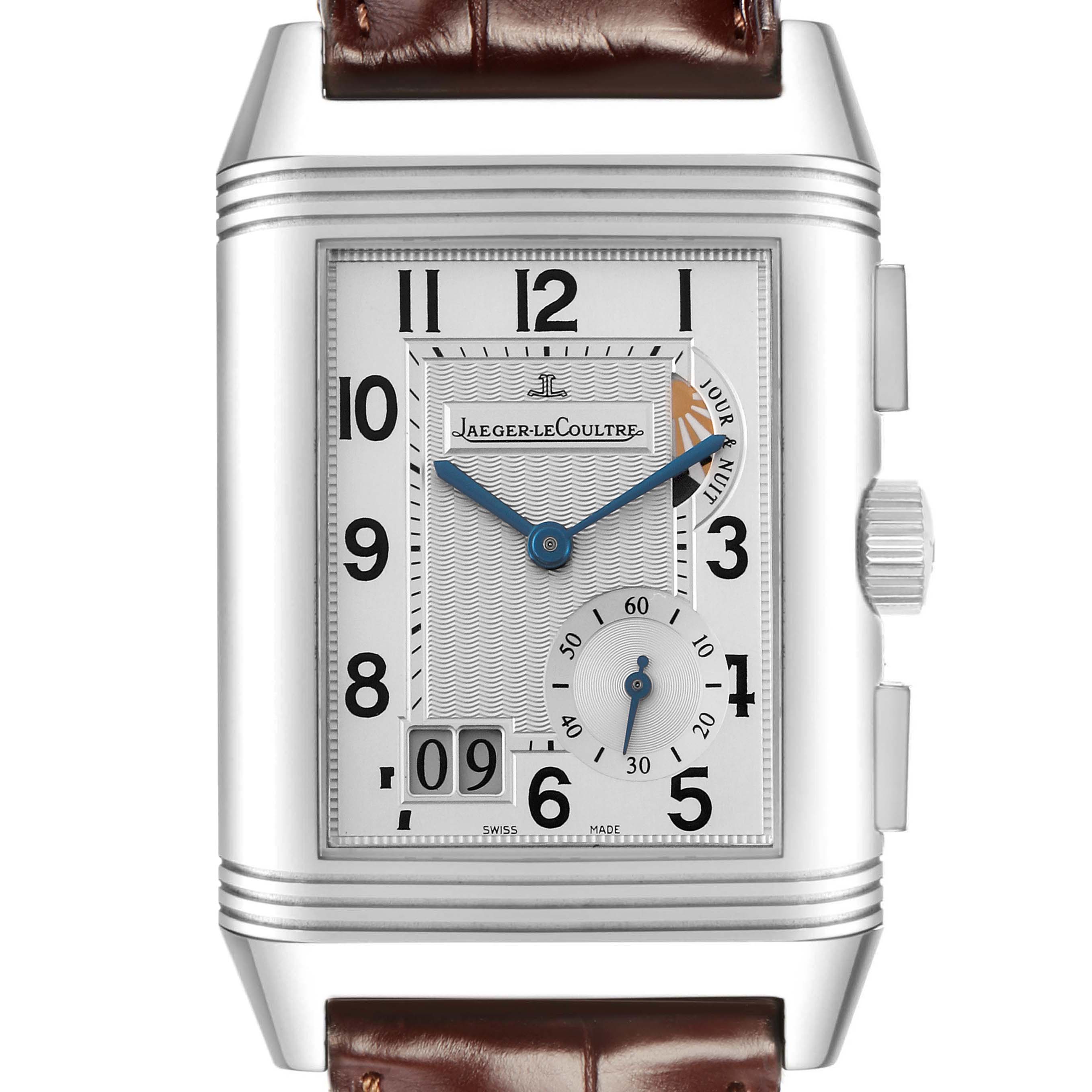 The Jaeger LeCoultre Reverso Q3028420 Men's Stainless Steel Silver Dial Q3028420 Men's Stainless Steel Silver Dial watch is shown in a front view, displaying its rectangular face, hands, subdial, and crown.