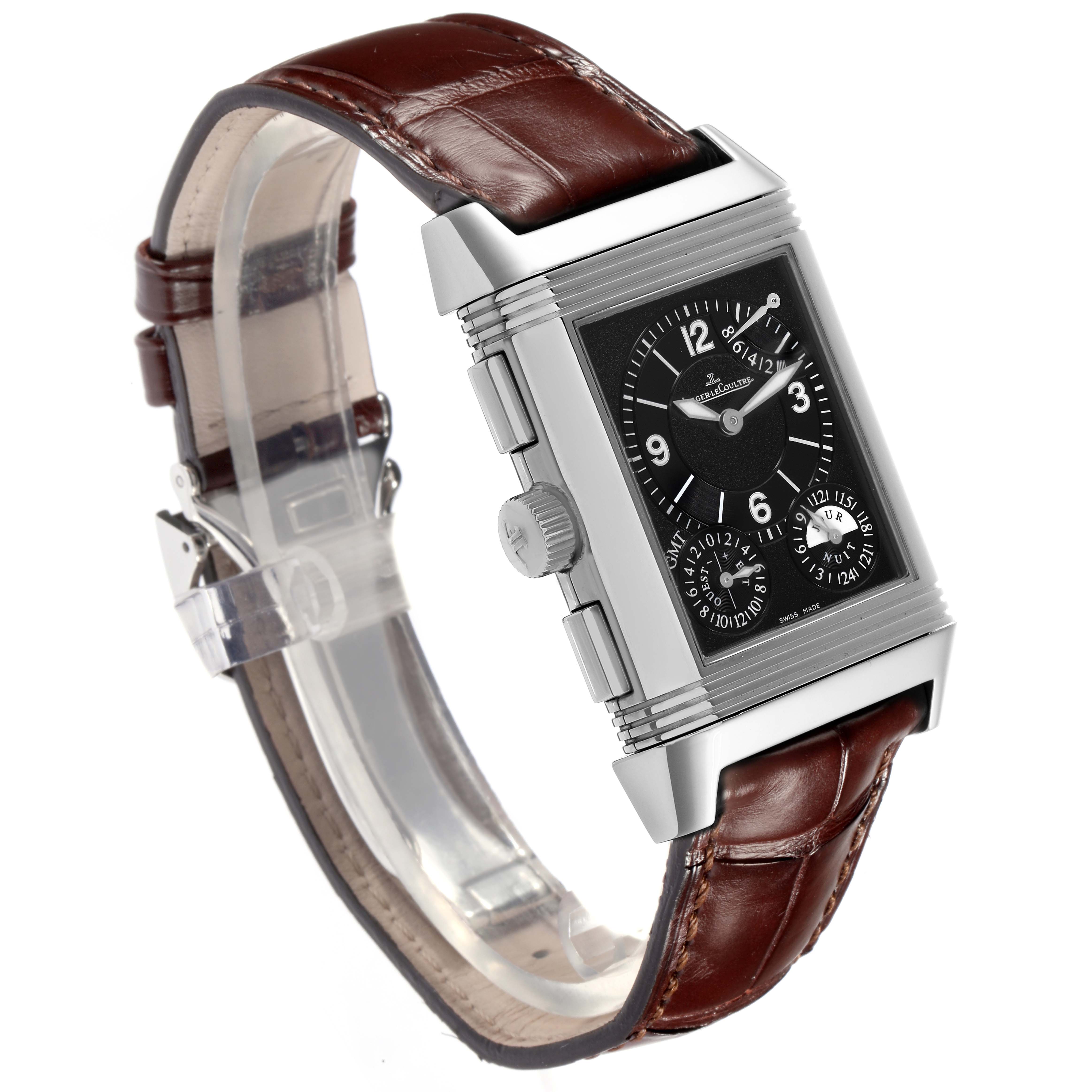 The Jaeger LeCoultre Reverso Q3028420 Men's Stainless Steel Silver Dial Q3028420 Men's Stainless Steel Silver Dial watch is shown at an angle displaying its rectangular dial, case, crown, and brown leather strap.