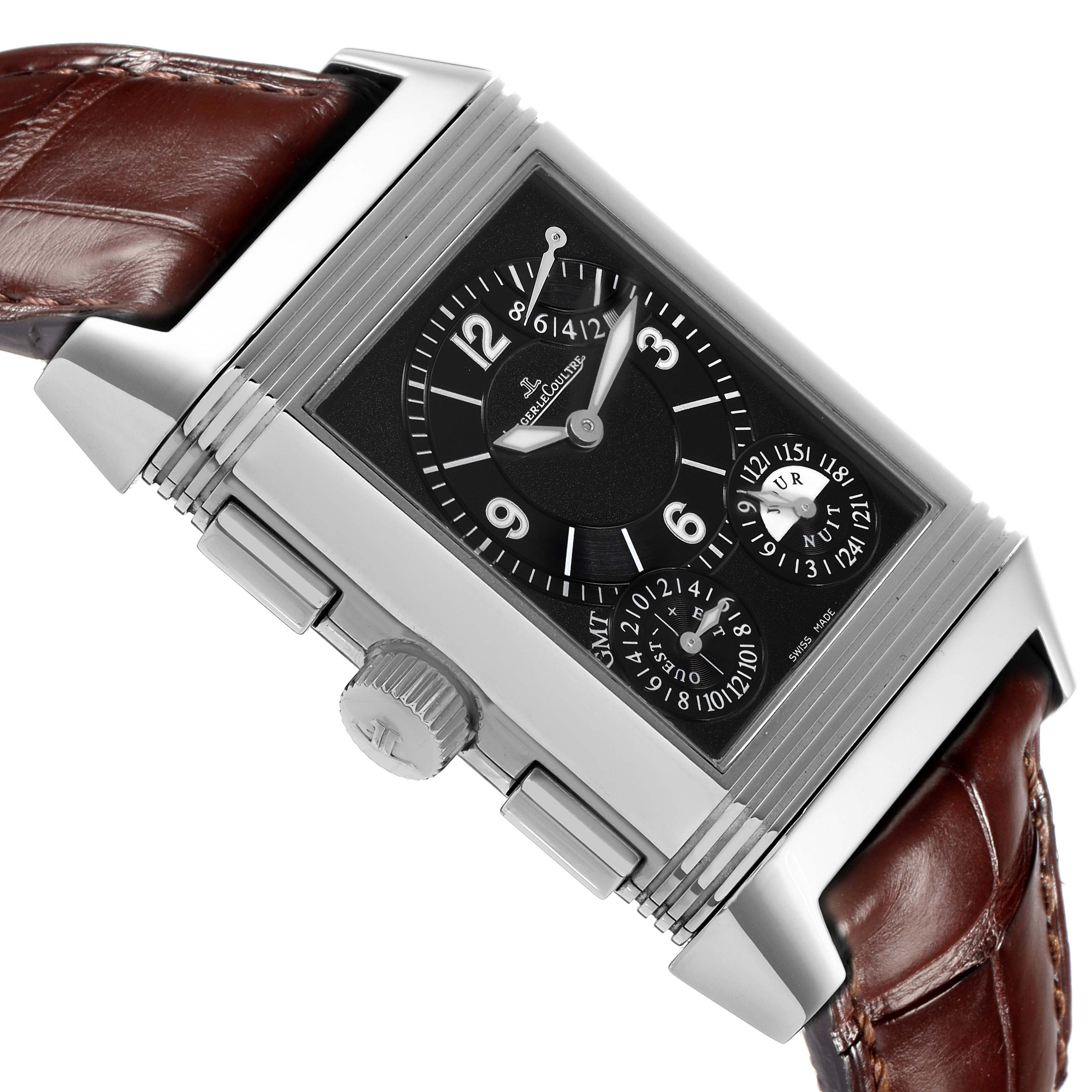 The Jaeger LeCoultre Reverso Q3028420 Men's Stainless Steel Silver Dial Q3028420 Men's Stainless Steel Silver Dial watch is shown at an oblique angle, highlighting the dial, crown, and brown leather strap.