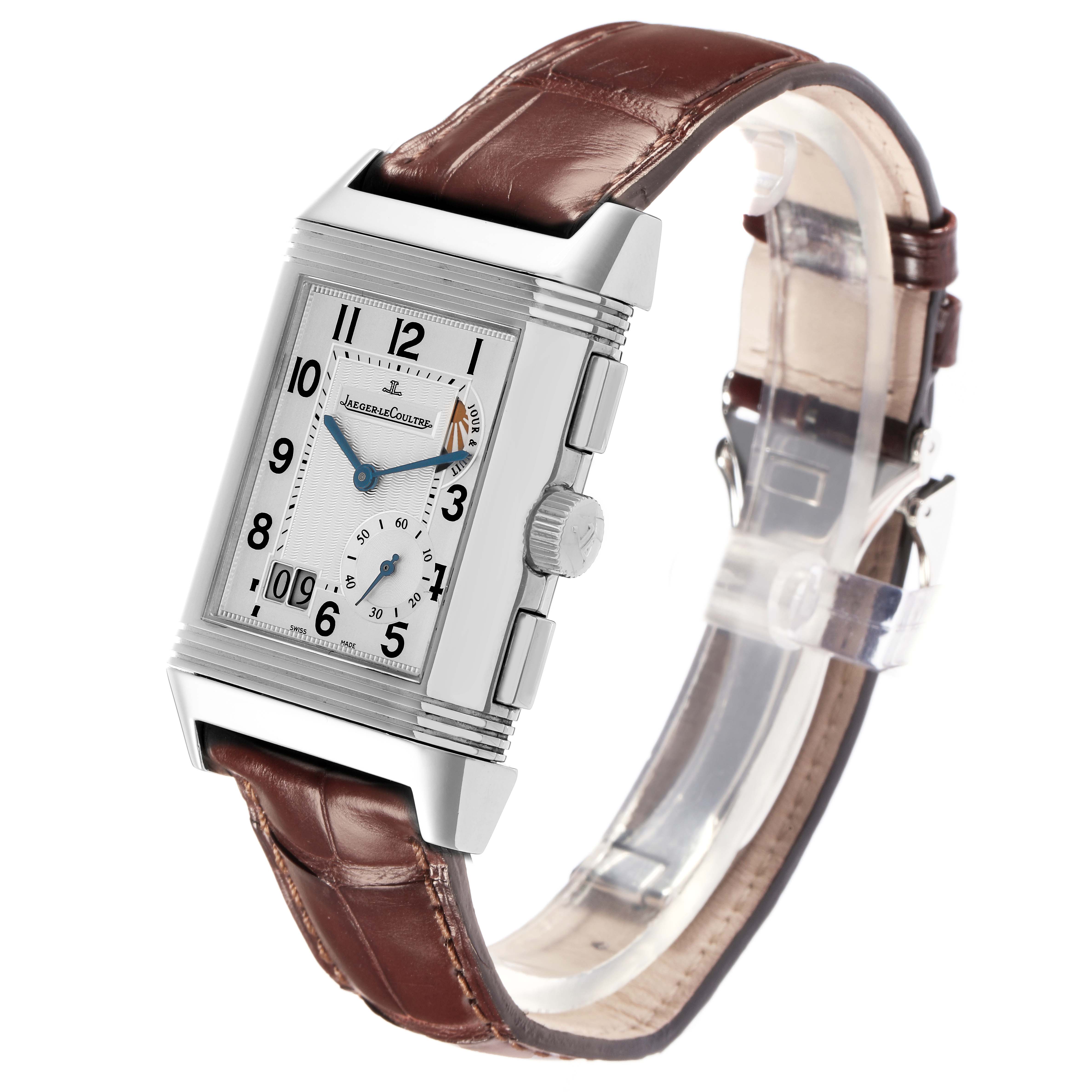 The Jaeger LeCoultre Reverso Q3028420 Men's Stainless Steel Silver Dial Q3028420 Men's Stainless Steel Silver Dial watch is shown at a slight angle, highlighting the face, side profile, and brown leather strap.