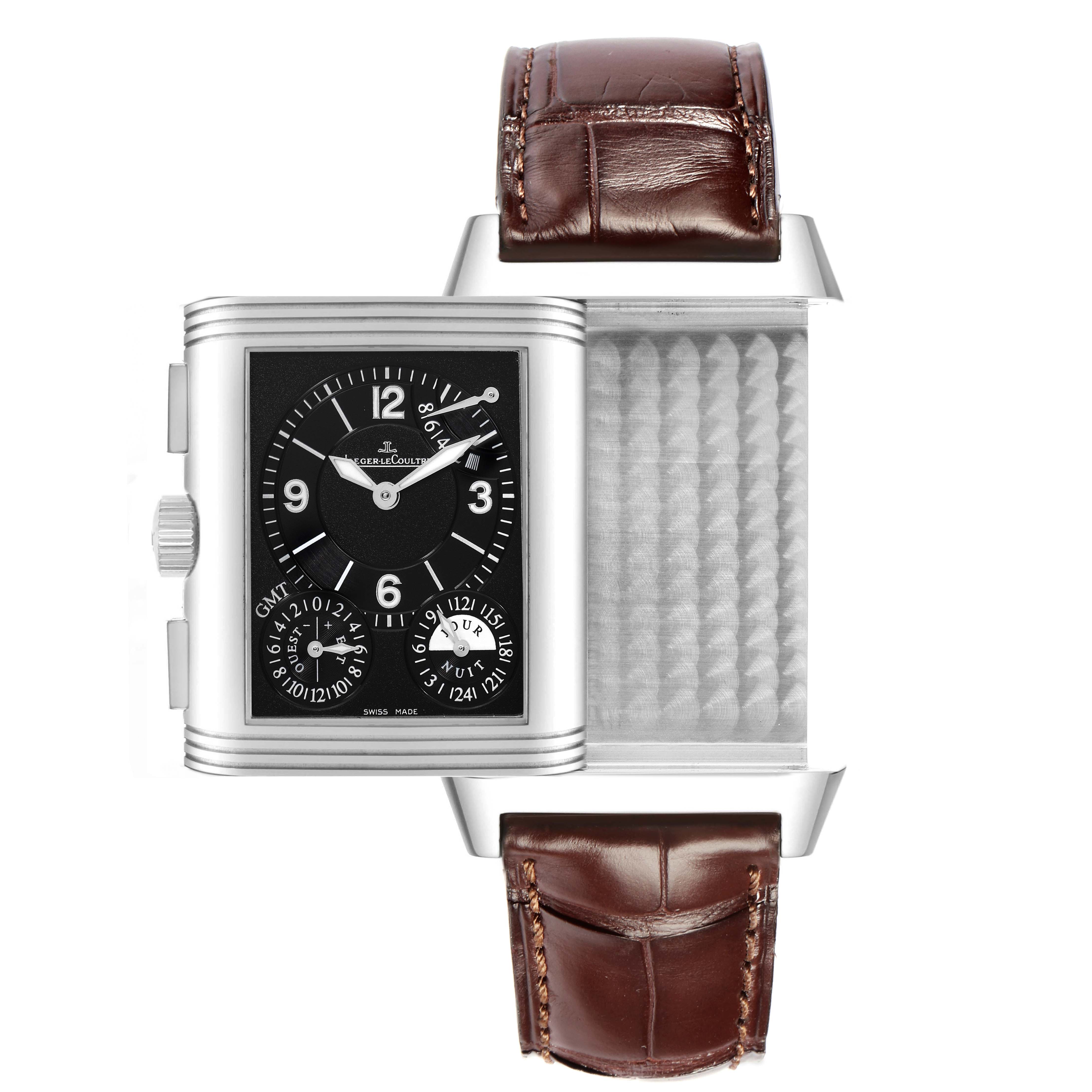 The Jaeger-LeCoultre Reverso watch is shown from the front, highlighting its rotating case and black dial with subdials.