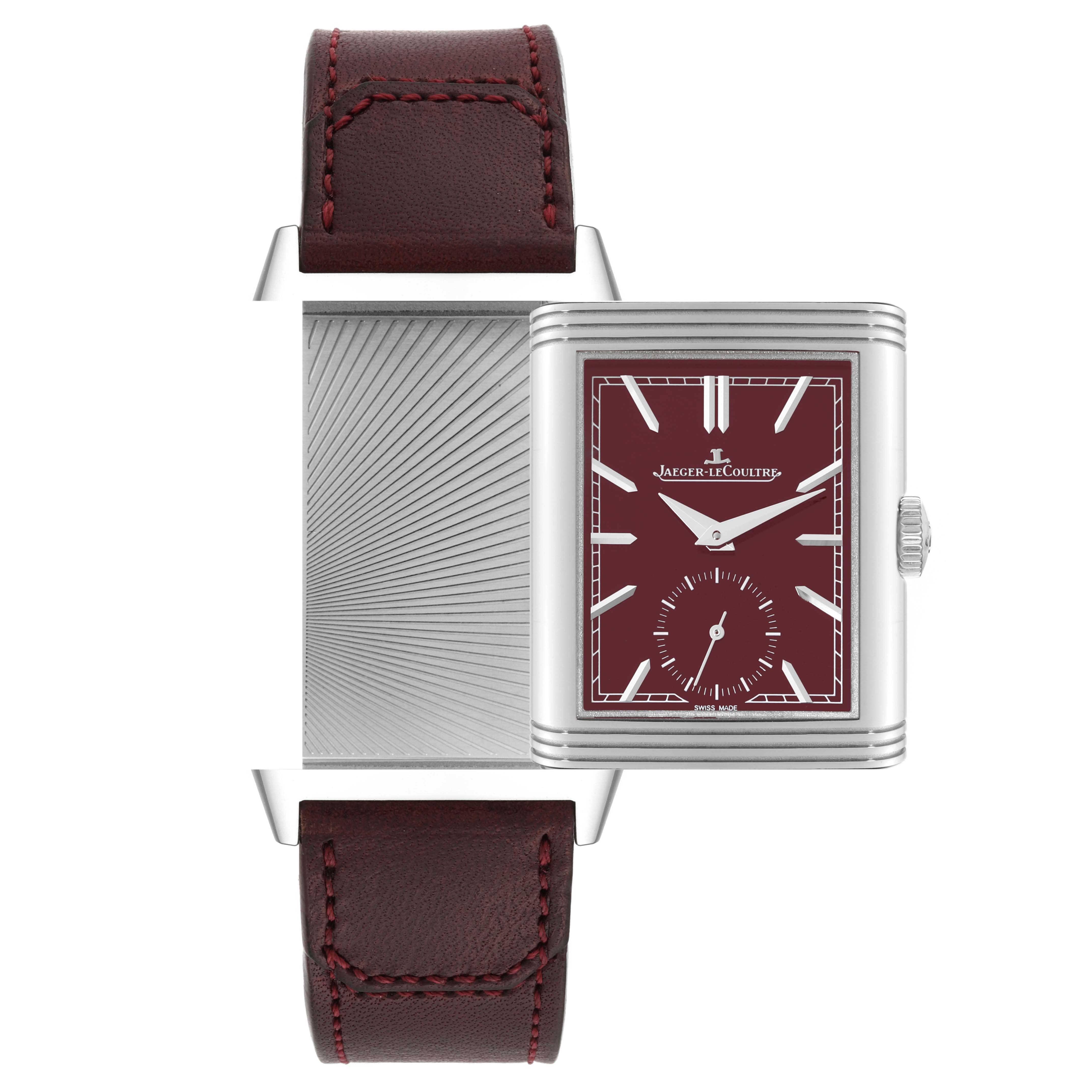 The image shows the front and back views of the Jaeger LeCoultre Reverso Q397846J Men's Stainless Steel Red Dial Q397846J Men's Stainless Steel Red Dial watch with a maroon dial and brown leather strap.